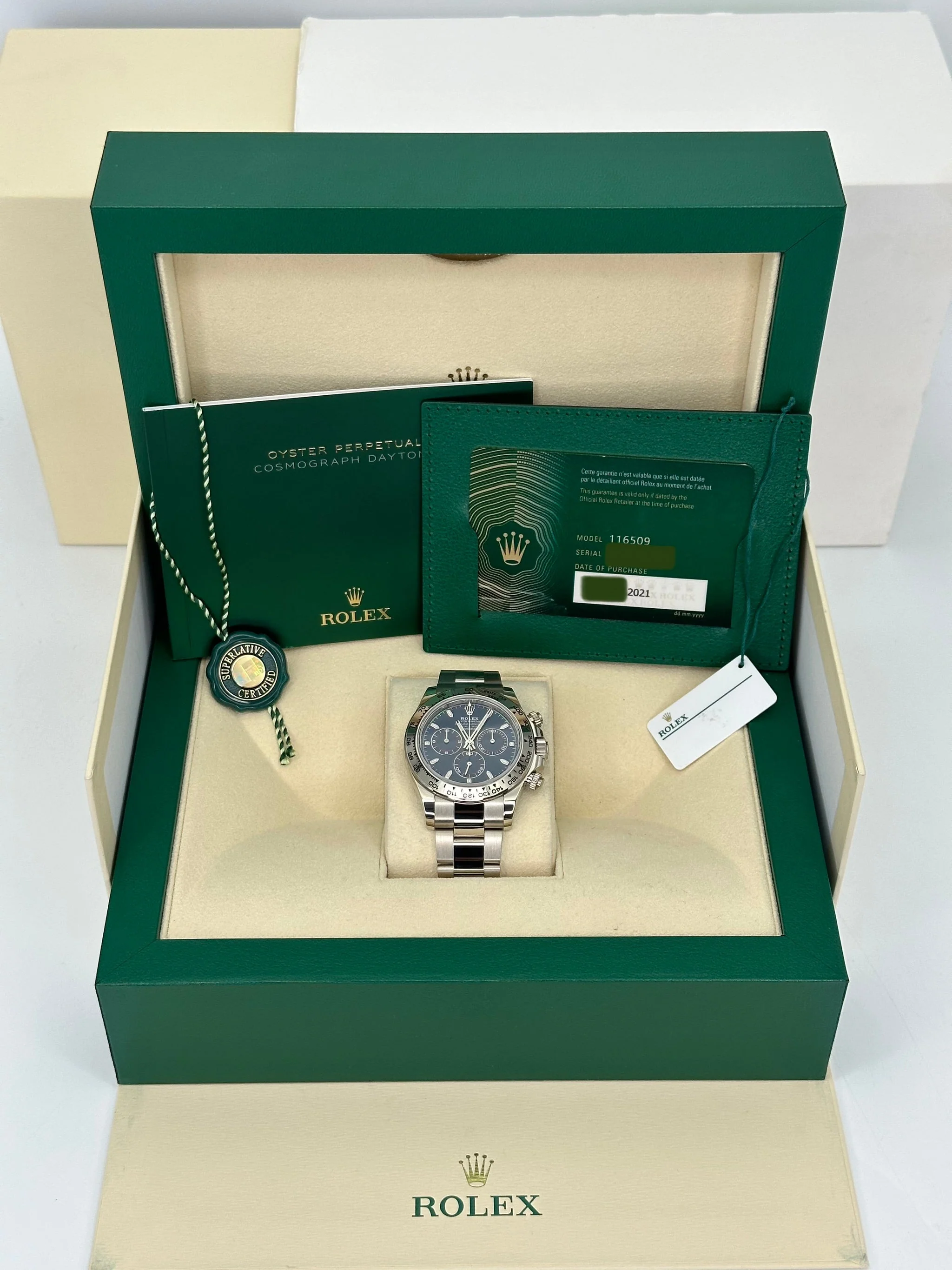 Daytona 40mm 116509 White Gold Blue Dial