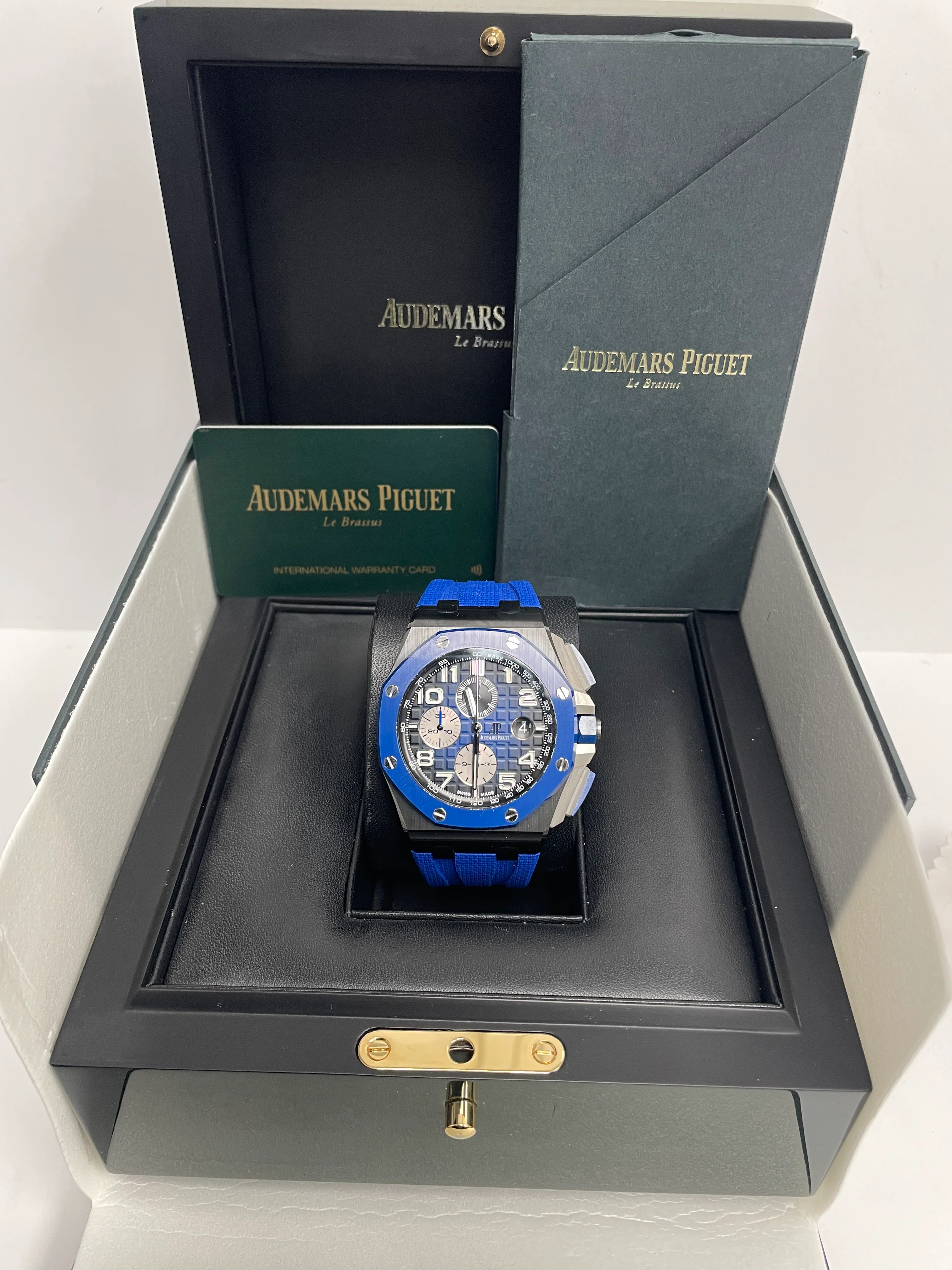 Audemars Piguet Royal Oak Offshore Selfwinding Chronograph/ Stainless Steel/ Blue Strap/ Blue Dial / White Sub-Dials/ Blue Ceramic Bezel (Ref#26405CE.OO.A030CA.01)