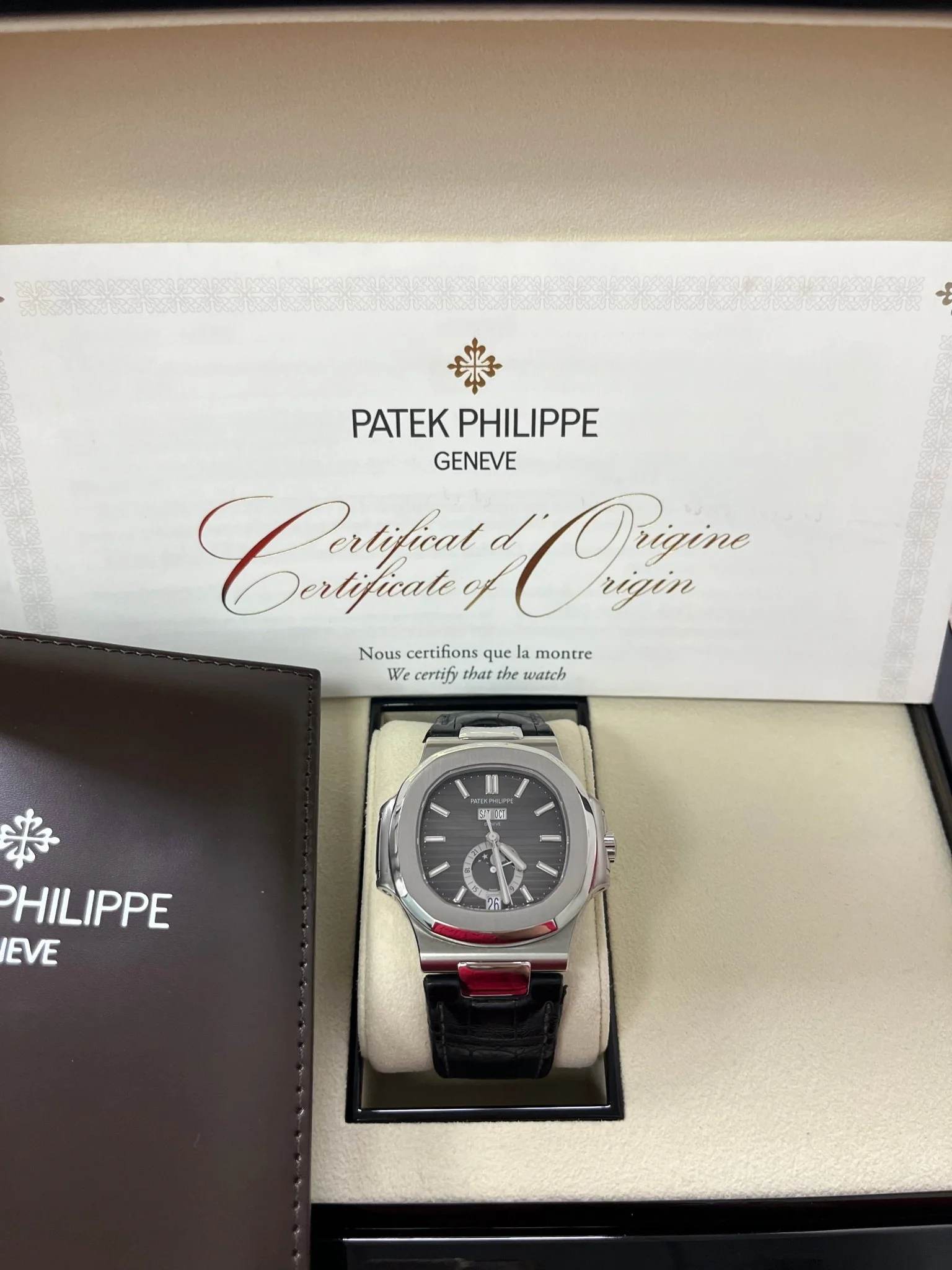 Patek Philippe Nautilus Stainless Steel Moon Phase Black Leather Strap (Ref#5726A-001)