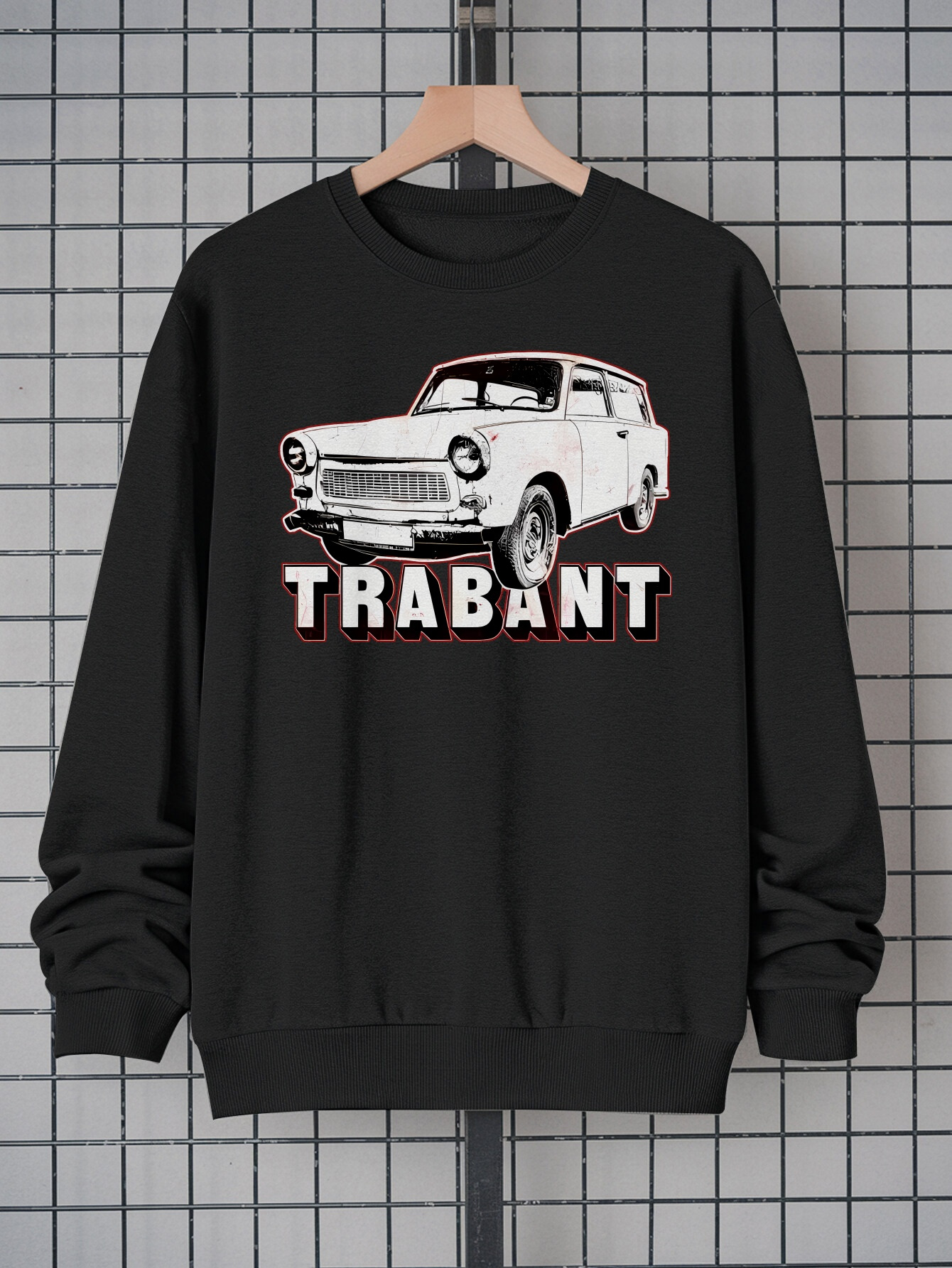 Men's Vintage Car Graphic Sweatshirt - Red Background Classic Auto Print |   Casual Streetwear Long Sleeve Crew Neck Pullover |   100% Polyester, Soft & Machine Washable Fashion Sweatshirt