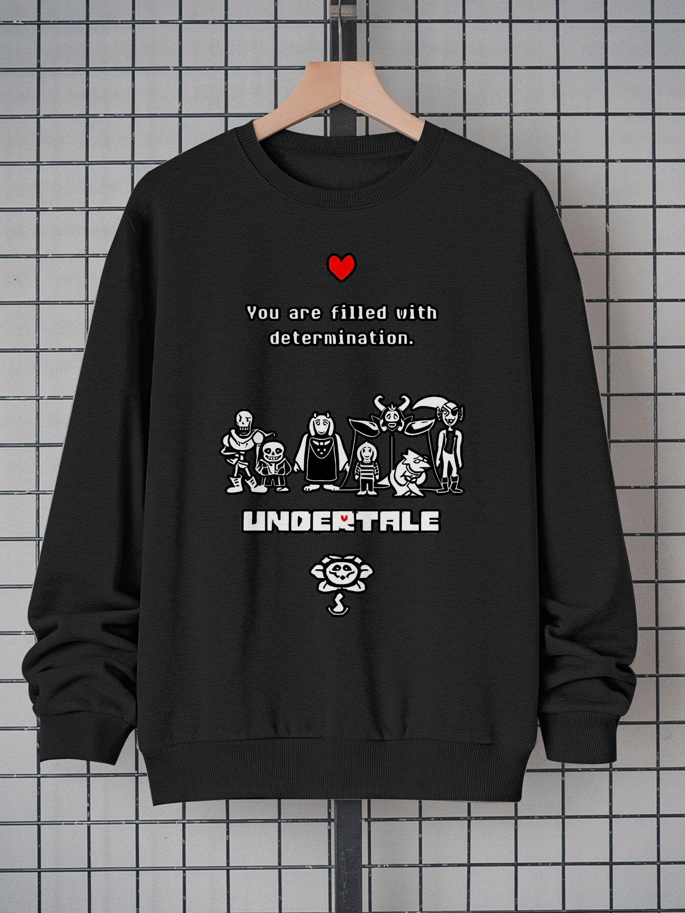 Men's 'You Are Filled With Determination' Heart Graphic Sweatshirt - Black Crew Neck Pullover with Red Heart Print |   100% Polyester Streetwear |   Soft Long Sleeve Top |   Casual Daily Fashion |   Machine Washable