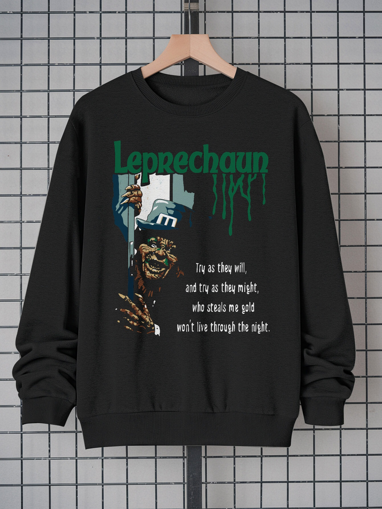 Men's St. Patrick's Day Sweatshirt - Black Crew Neck Pullover with Leprechaun and Shamrock Print |   100% Polyester, Casual Regular Fit, Machine Washable Holiday Top