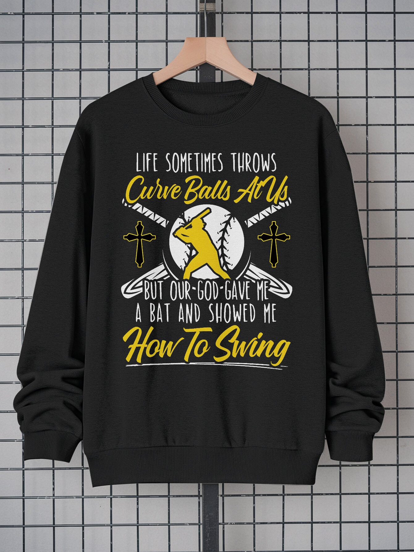 Men's Yellow Wave Text & Black Cross Graphic Sweatshirt - Casual Crew Neck Pullover with Long Sleeves |   100% Polyester Streetwear Top |   Soft, Comfortable, Machine Washable Fashion Sweatshirt