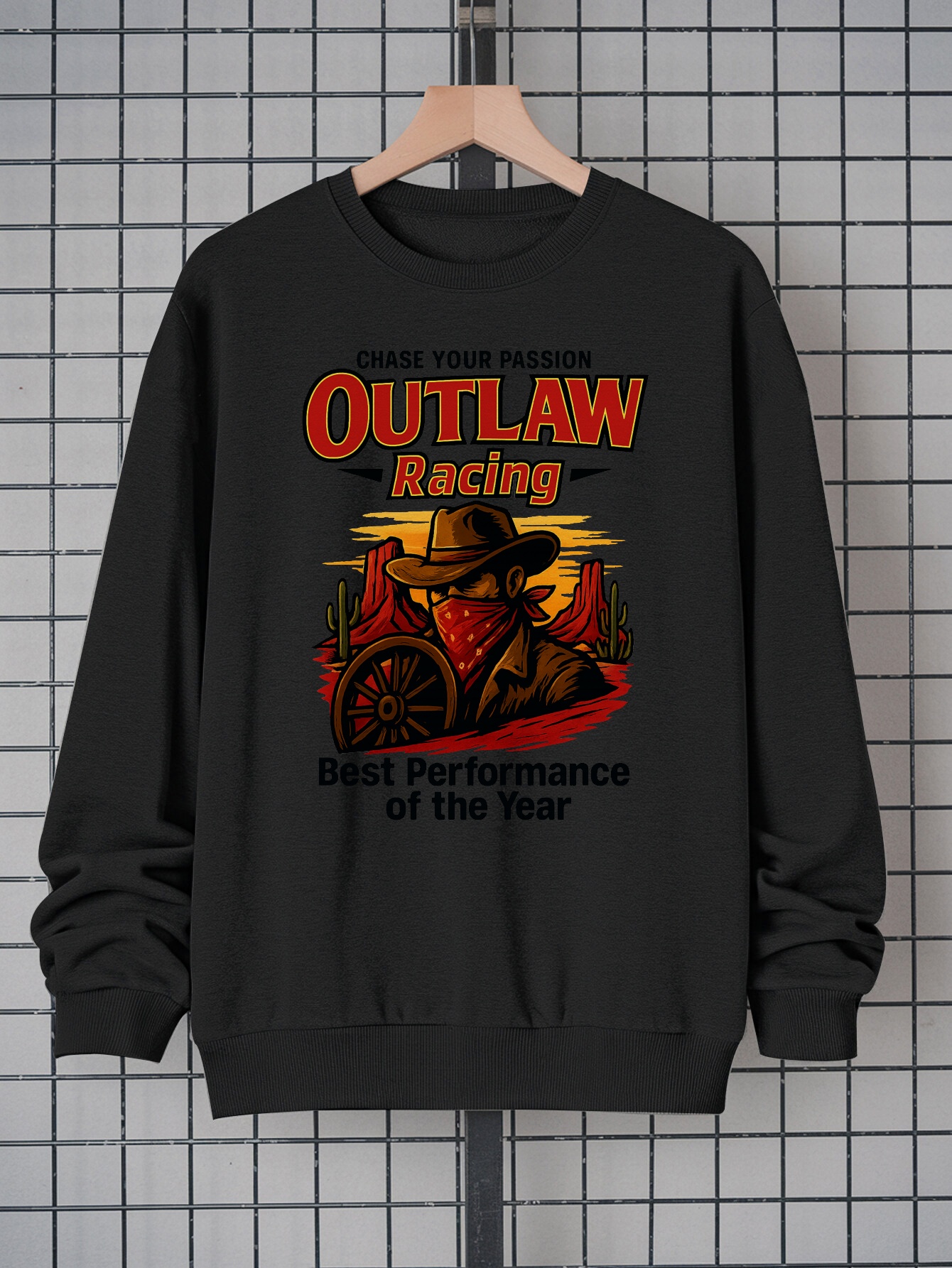 Men's Denim Hat & Red Bandana Graphic Sweatshirt - Casual Crew Neck Pullover with Long Sleeves |   100% Polyester Streetwear Top |   Soft, Comfortable, Machine Washable Fashion Sweatshirt