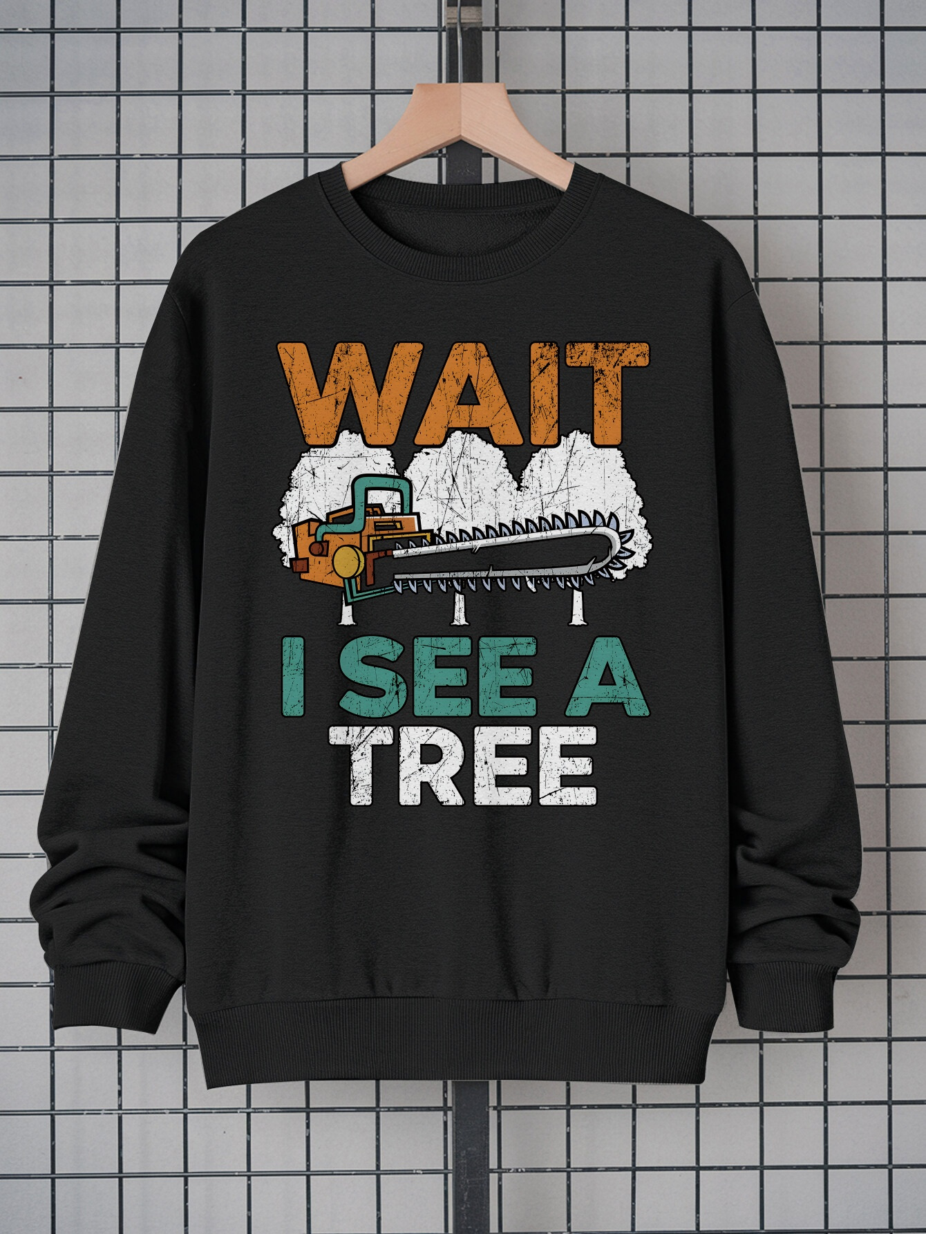 Men's Funny Tree Cutting Graphic Sweatshirt - Black Crew Neck Pullover with 