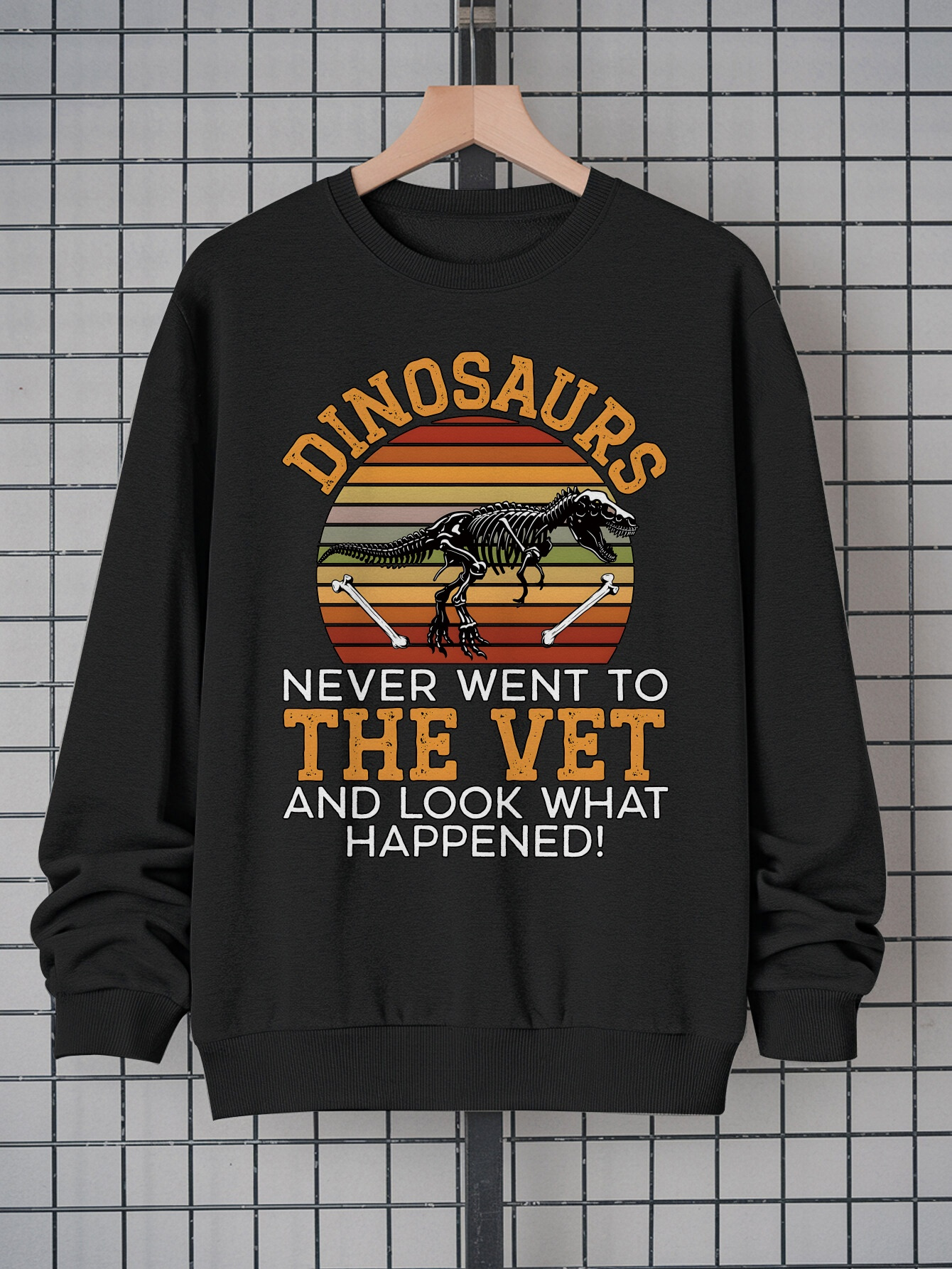 Men's Casual T-Rex Fossil Graphic Sweatshirt - Crew Neck Pullover |   100% Polyester Long Sleeve Top |   Fashionable Streetwear for Everyday Wear |   Soft, Comfortable & Machine Washable