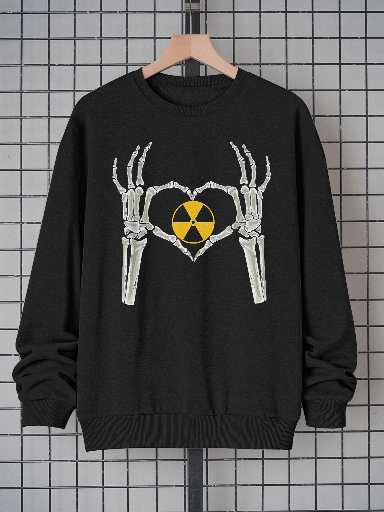 Edgy Adult Unisex Long-Sleeve Graphic Tee |   Skeleton Hands Heart + Radioactive Symbol Design |   Streetwear & Alternative Fashion Tops for Men & Women