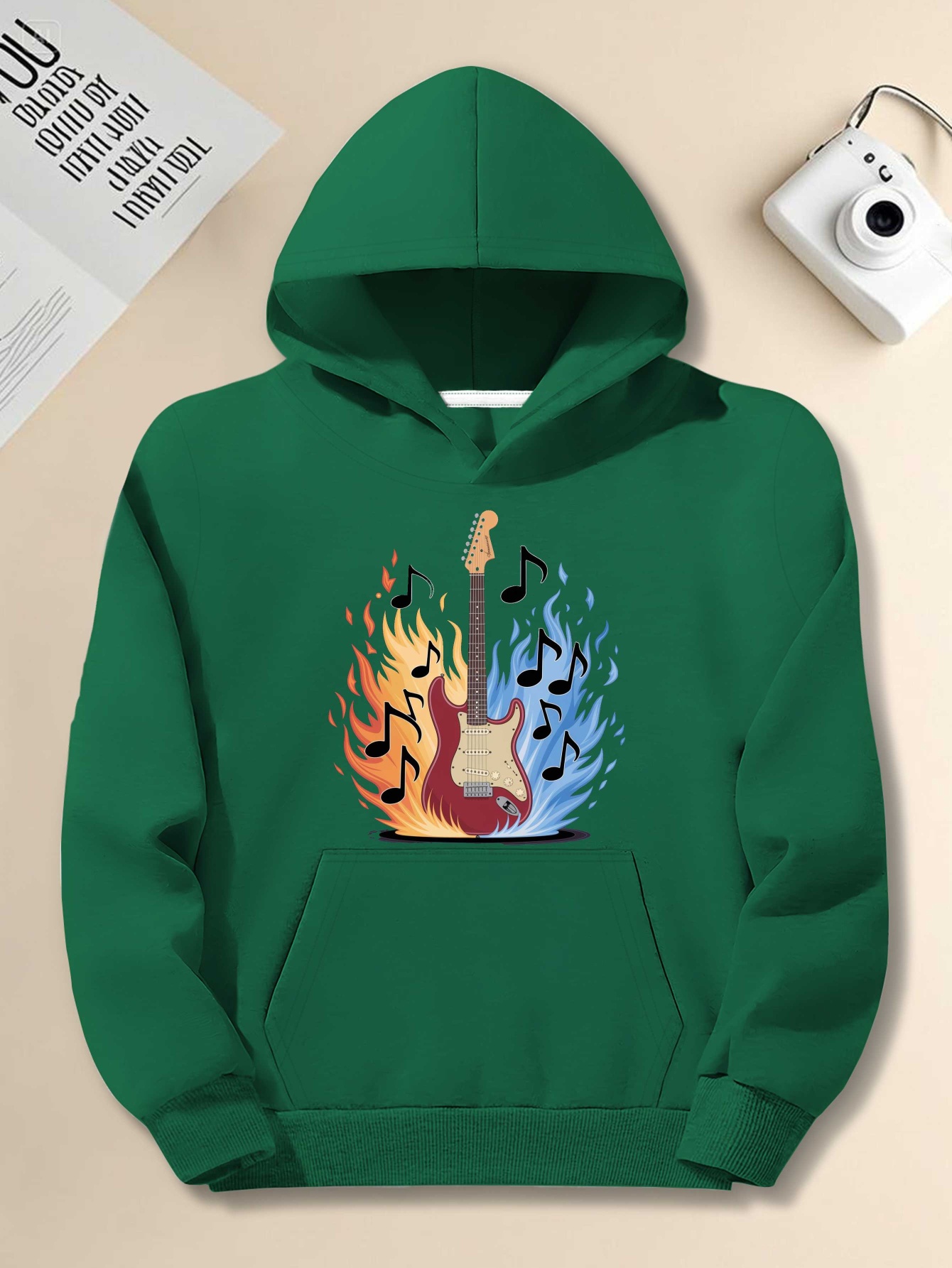 Men's Plus Size Music Graphic Hoodie - Black Pullover with Electric Guitar & Hands Print |   Oversized Loose Fit Long Sleeve Sweatshirt, Casual Streetwear, Machine Washable, Gift for Guitar Lovers