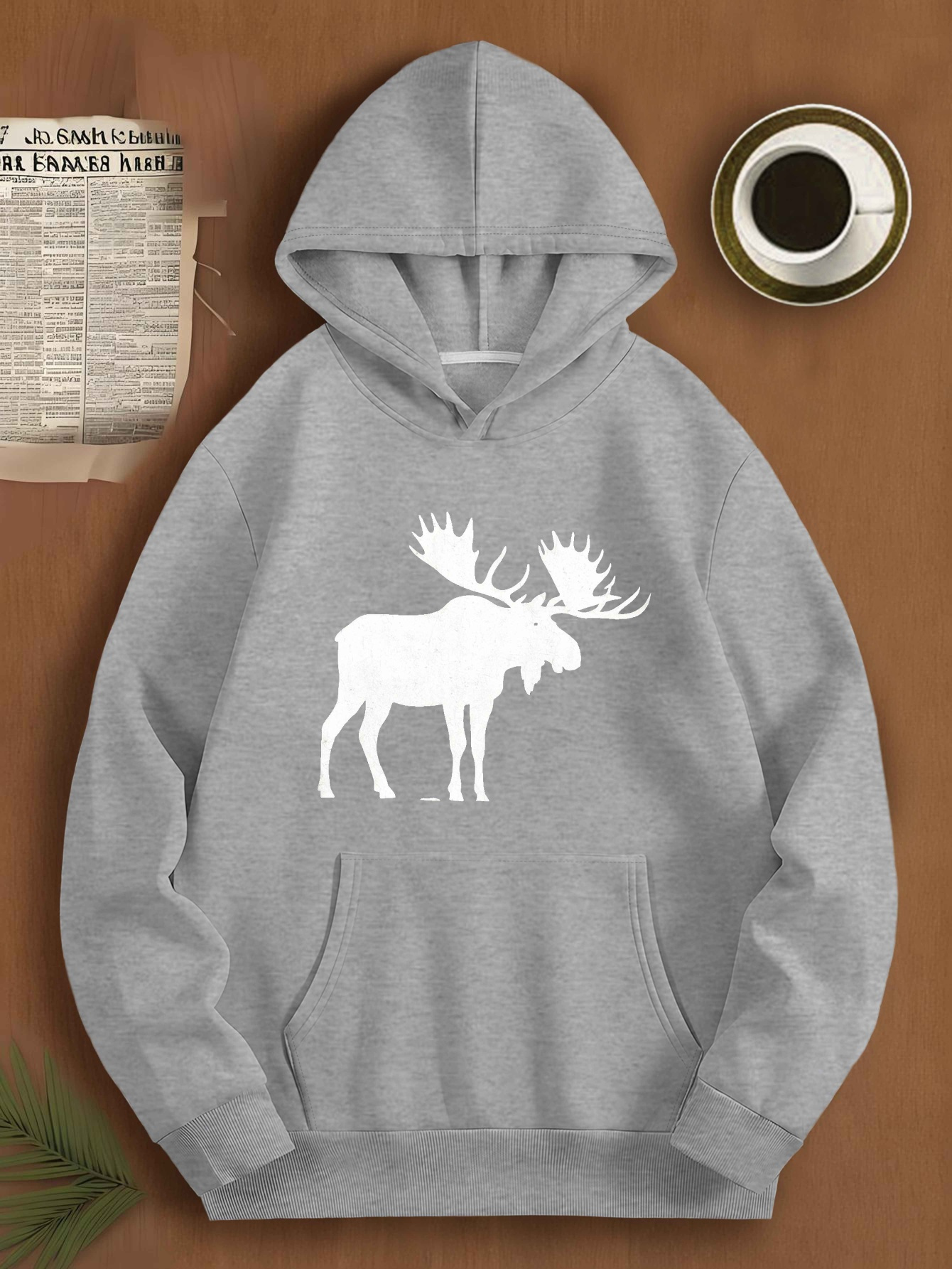 1pc Majestic Moose Silhouette Print Plus Size Men's Casual Polyester Hooded Sweatshirt, Loose Fit Pullover with Hood, Knitted Fabric