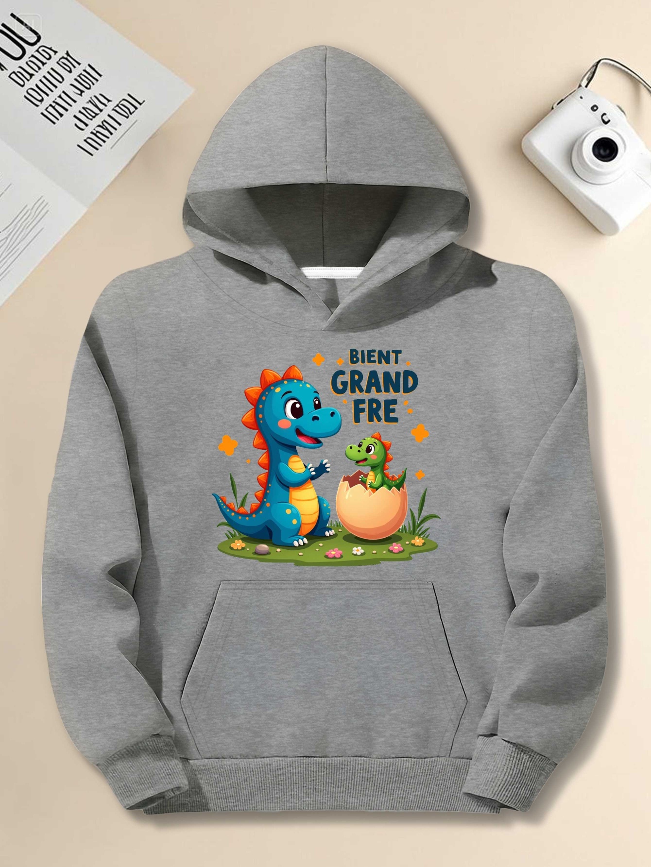 Men's Plus Size French Dinosaur Hoodie with 