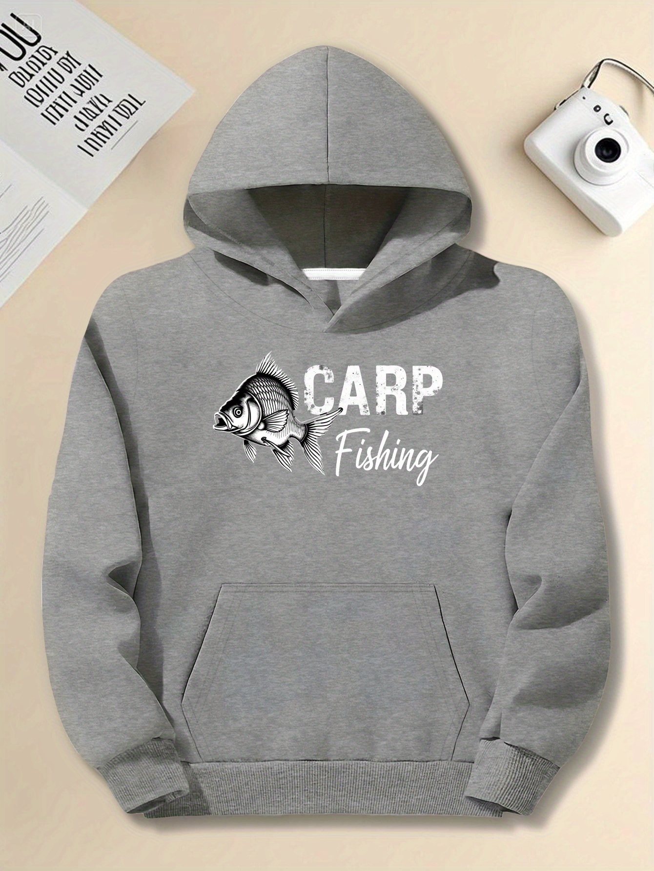 Plus Size Men's Black Hooded Sweatshirt with Carp Fishing Design - Casual Long Sleeve Pullover for Casual Attire, Casual Wear Hoodie |   Graphic Hoodie |   Non-Stretch Hoodie