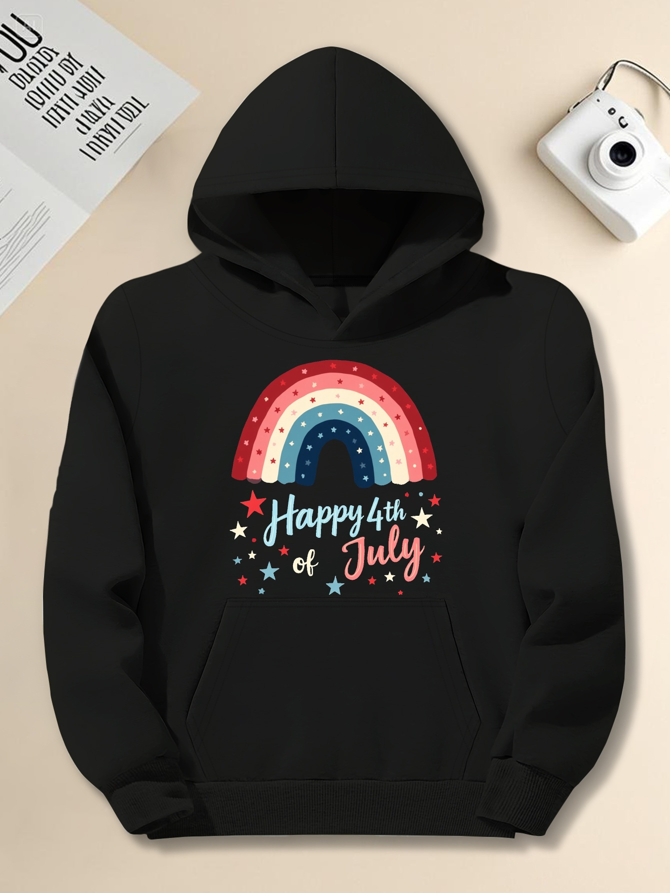 Men's Plus Size 4th of July Hoodie - Black Independence Day Sweatshirt with Rainbow Patriotic Graphic |   Loose Fit Pullover for Parade, BBQ, Fireworks, Machine Washable