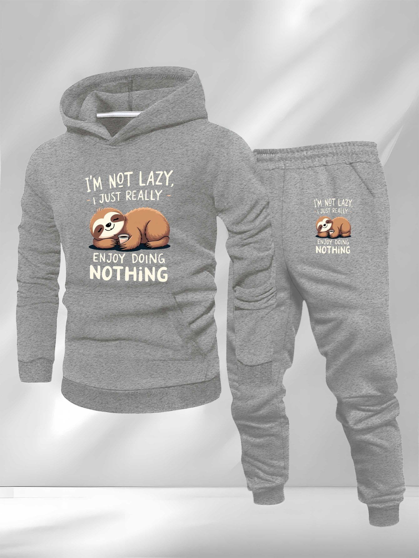 sloth Coffee Large size Men's sweatshirt suit, PLUS SIZE, Lounge Clothing, Everyday Outfit, Streetwear Style, Graphic Sweatshirt, Soft Material, Easy Care, Hoodie And Pants, Unisex Loungewear, Big And Tall Men