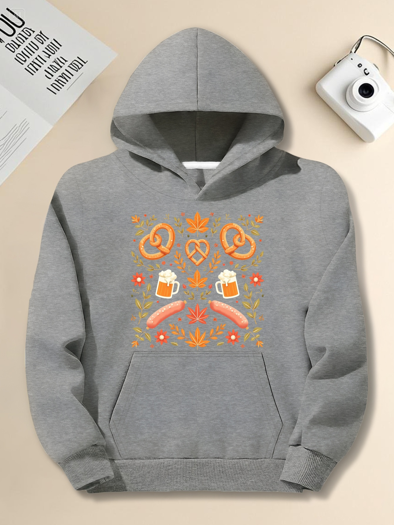 Men's Plus Size Oktoberfest Hoodie - Bavarian Pretzel, Beer Mug & Sausage Print Pullover |   Heavyweight Hooded Sweatshirt, Casual Festival Attire, Machine Washable, Big & Tall