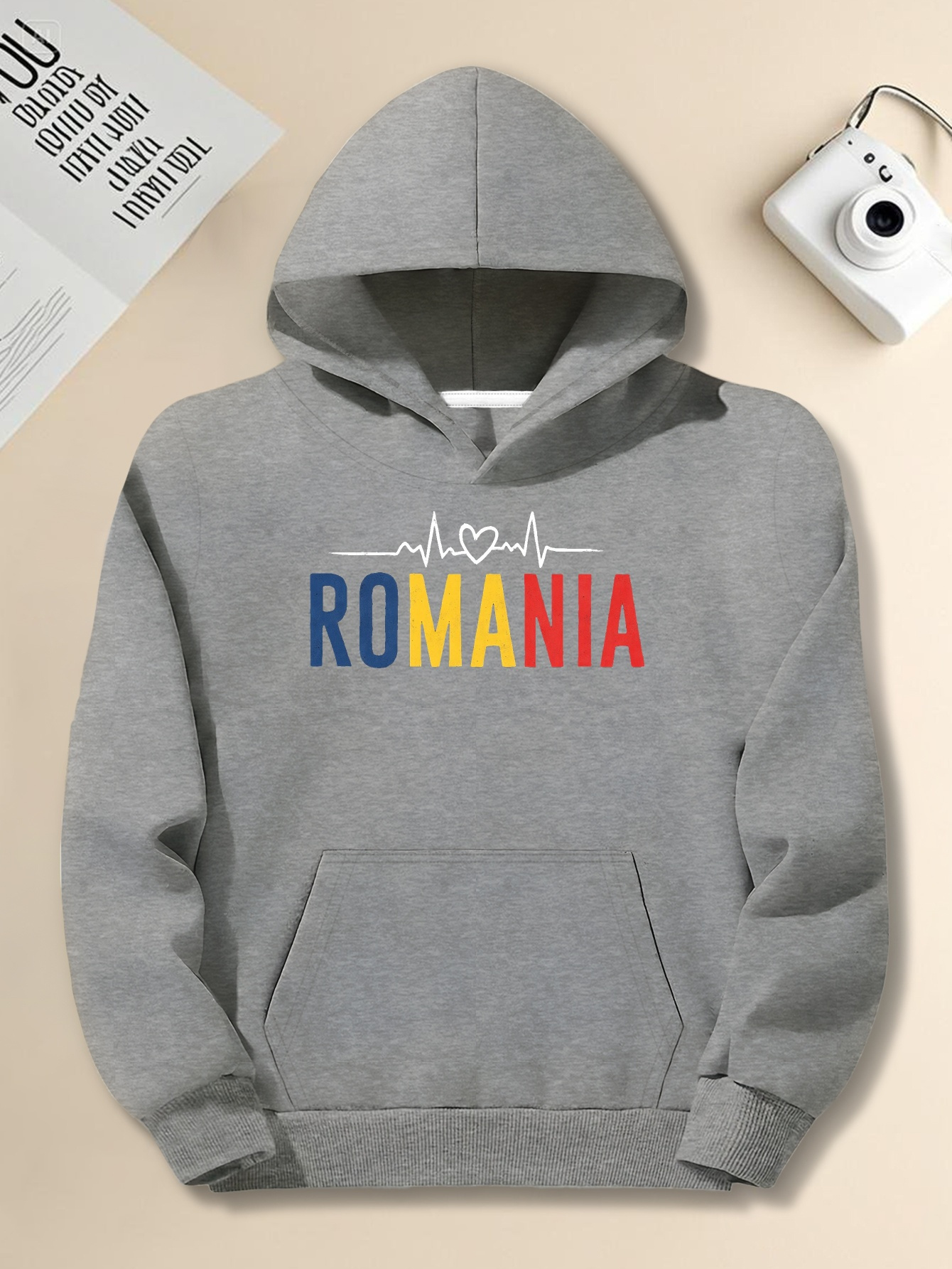 Men's Plus Size 'Heartbeat Romania' Hoodie - Casual Gray Pullover with Colorful Heartbeat Graphic, Loose Fit, Long Sleeves, Casual Wear Hoodie | Hooded Sweatshirt | Comfortable Fit, Plus Size