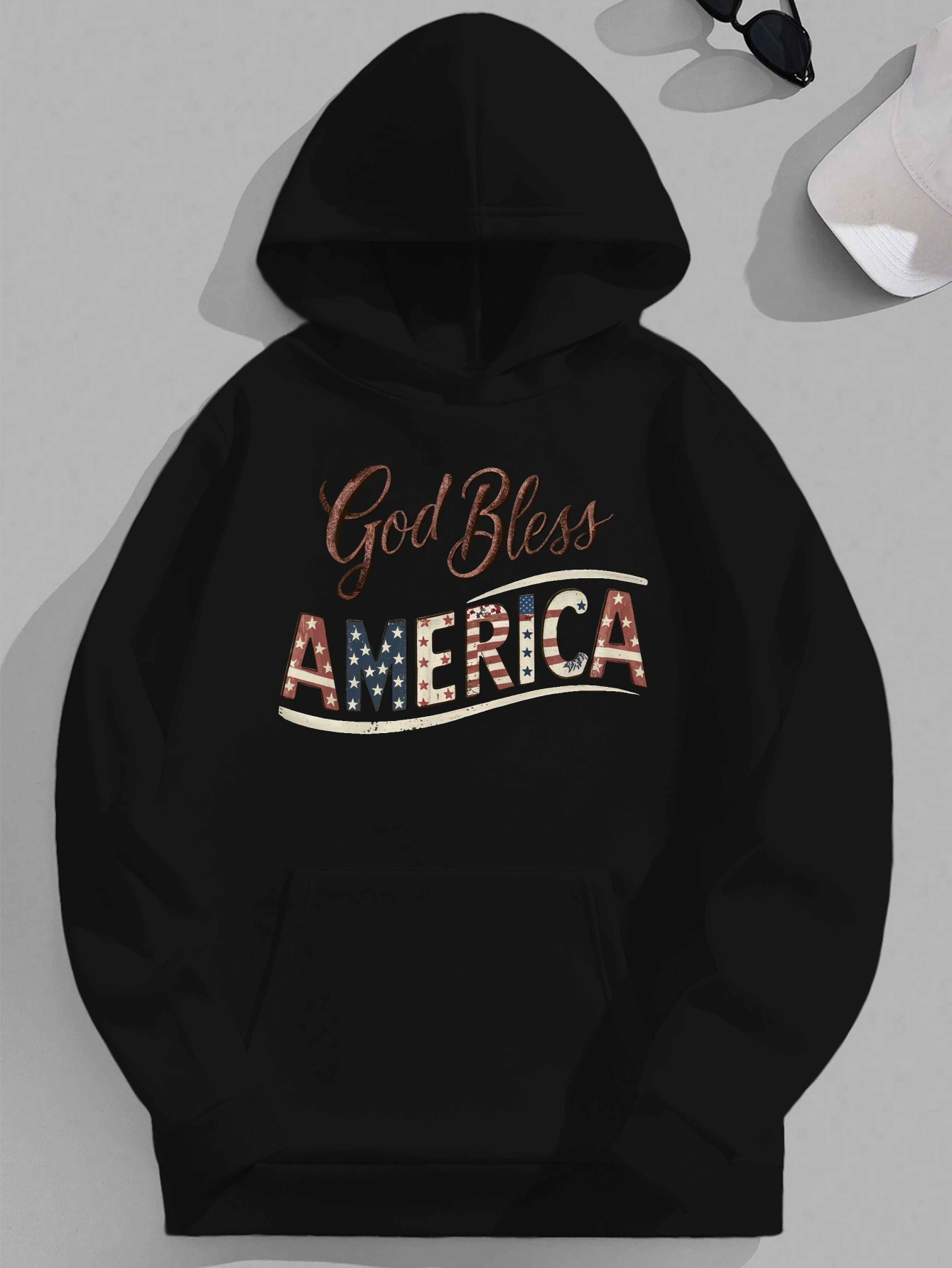 Patriotic 'God Bless America' Plus Size Men's Hooded Sweatshirt - Polyester, Machine Washable, JPH-9, PLUS SIZE