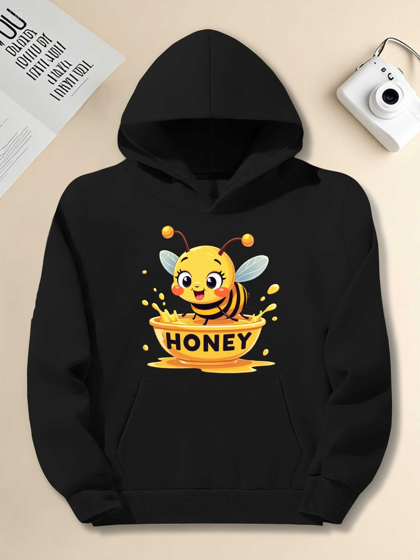 Plus Size Men's Cartoon Bee & Honey Graphic Hooded Sweatshirt - Vibrant Red Relaxed Fit Casual Pullover, Machine Washable JPH-9, Comfort Clothing, Nonstretch Fabric, PLUS SIZE