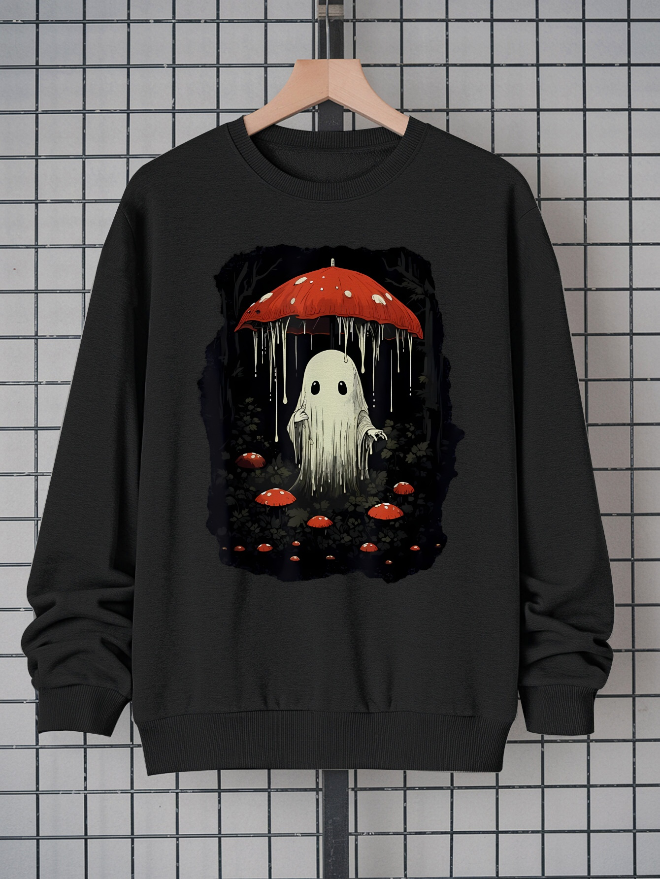 Men's Black Graphic Sweatshirt - Red Mushroom & Dark Forest Design |   100% Polyester Crew Neck Pullover, Machine Washable, Halloween & Themed Party Fashion Top