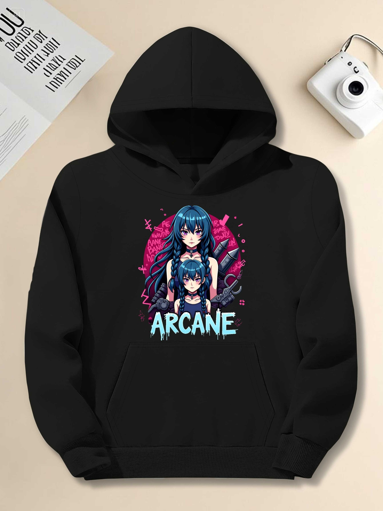 Plus Size Men's Hooded Sweatshirt - Casual Loose Fit with Vibrant Arcane Anime Character Print, Long Sleeve, Non-Stretch Fabric, Gray with Pink & Blue Design, PLUS SIZE