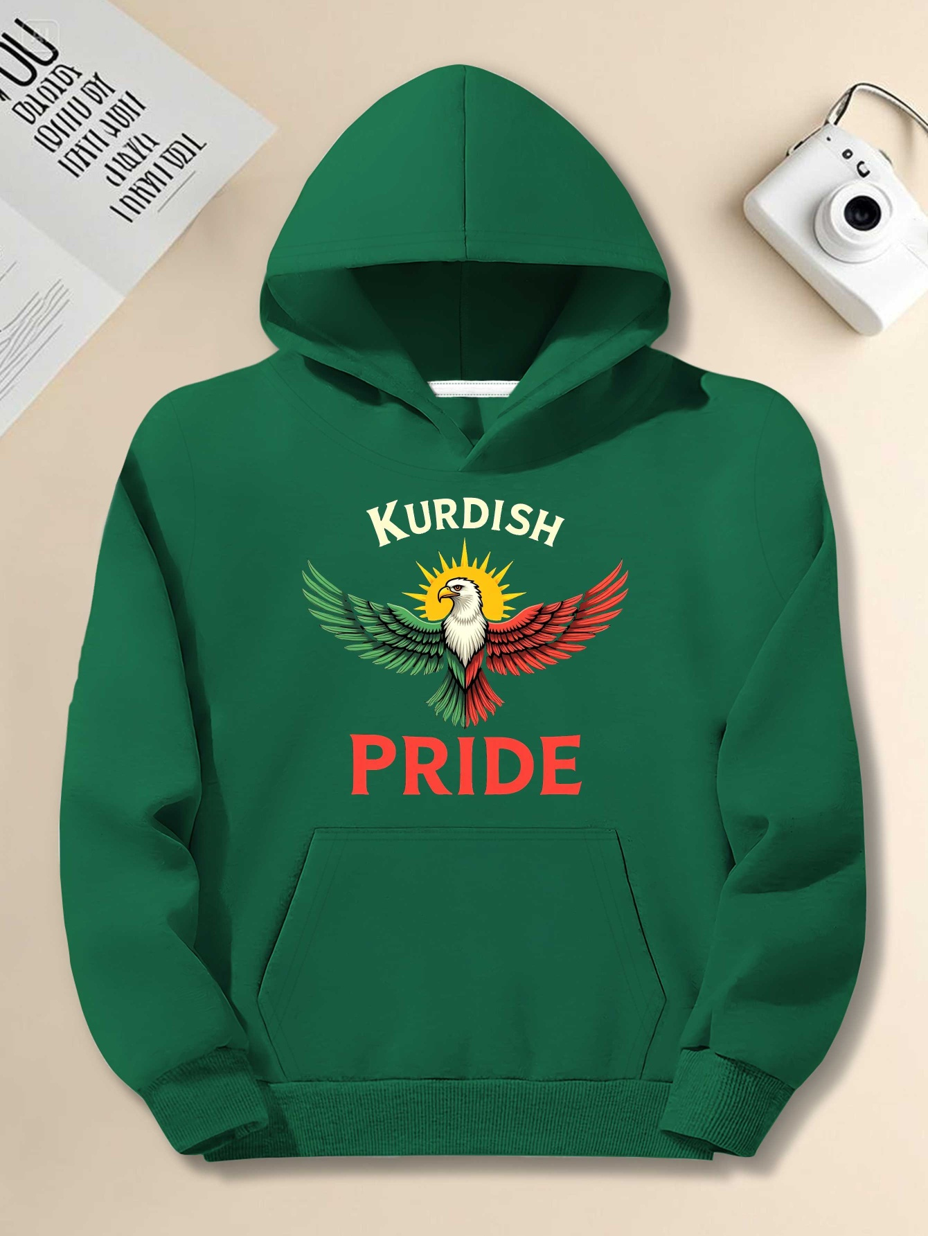 Men's Kurdish Eagle Hoodie - Plus Size Loose Fit Hooded Sweatshirt with Kurdish Pride Graphic (Red/Yellow/Green), Machine Washable Casual Pullover for Kurdish Culture Celebration & Casual Attire - JPH-9, PLUS SIZE