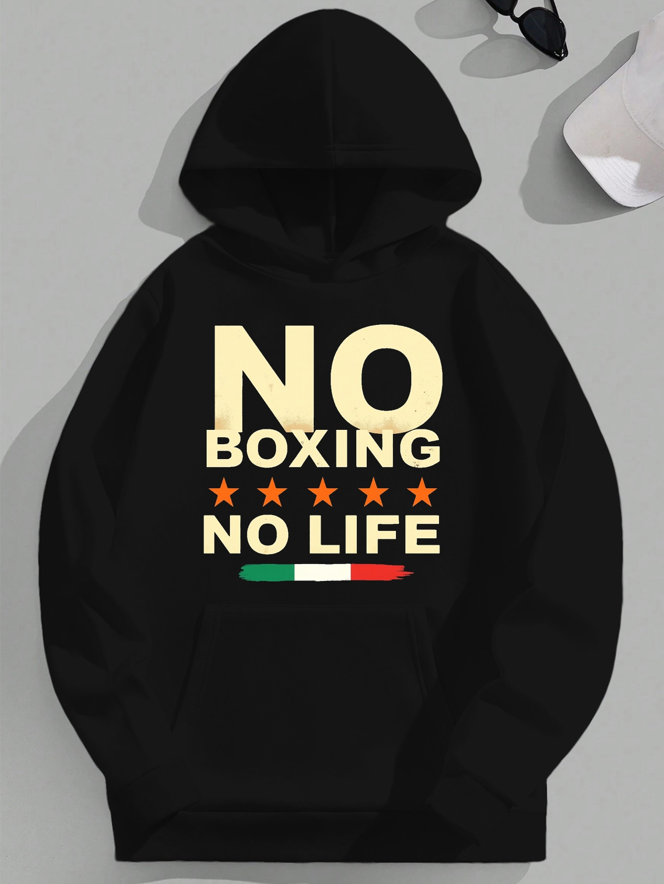 NO BOXING NO LIFE JPH-9 Plus Size Men's Hooded Sweatshirt - Vibrant Red Boxing Graphic Print with Italian Flag Design, Relaxed Fit Casual Pullover, Machine Washable, Sporty Pullover, Motivational Apparel, Durable Fabric, Smooth Texture, PLUS SIZE
