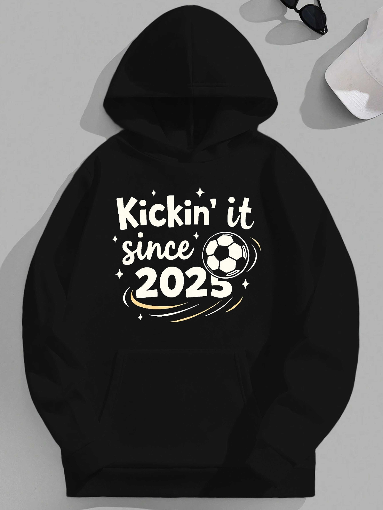 Men's Plus Size Green Hoodie with 'Kickin' It Since 2025' Soccer Ball Print - Casual Loose Fit, Long Sleeve, Non-Stretch Fabric, PLUS SIZE