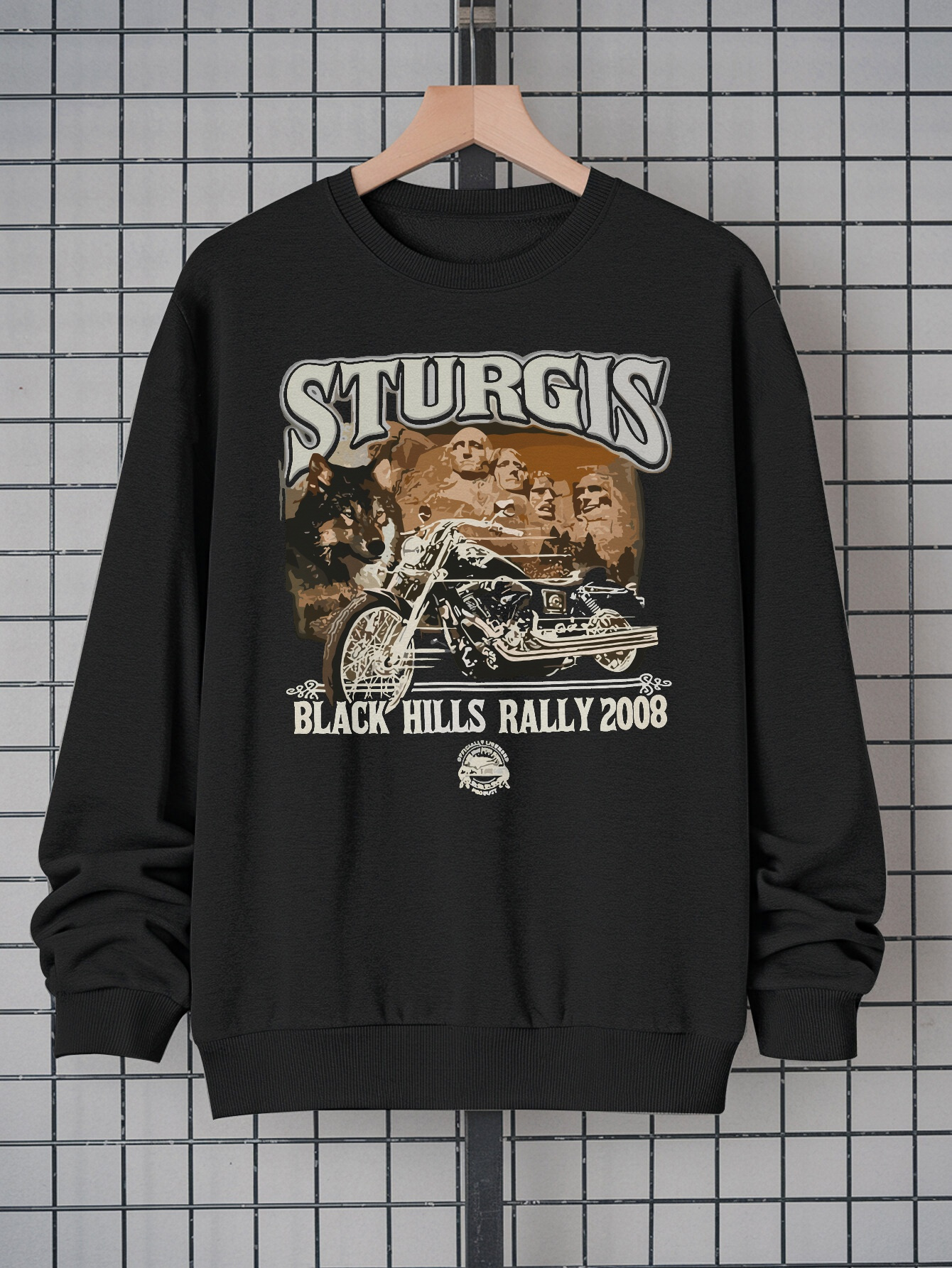 Men’s “STURGIS Black Hills Rally 2008” Motorcycle Graphic Sweatshirt – Black Crew Neck Pullover |   100% Polyester Casual Biker Streetwear Top, Machine Washable Comfortable Riding Apparel