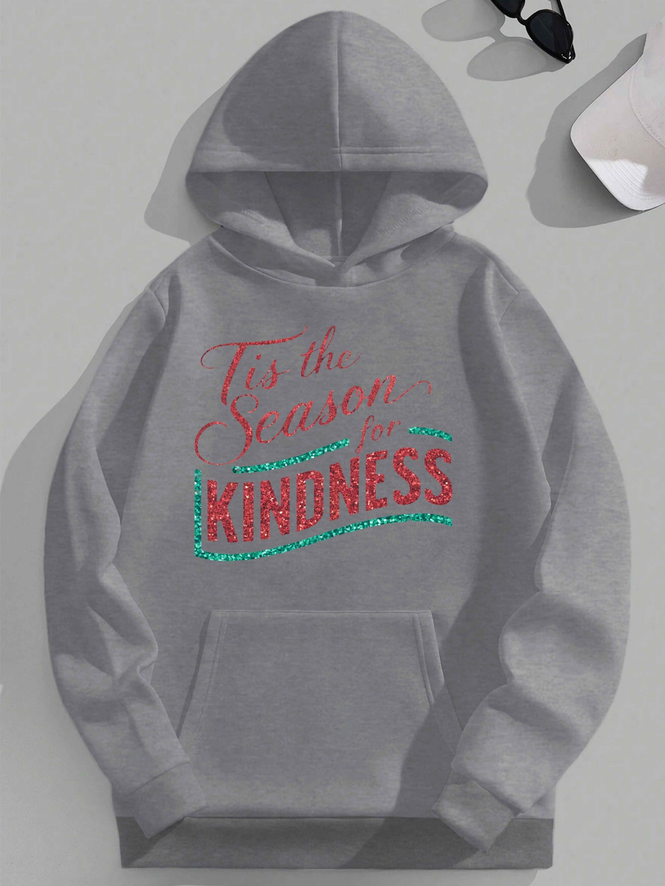 Men's Casual Hooded Sweatshirt with 'Tis the Season for KINDNESS' Print, 100% Polyester Knit Fabric, Loose Fit, Non-Stretch, Plus Size JPH-9