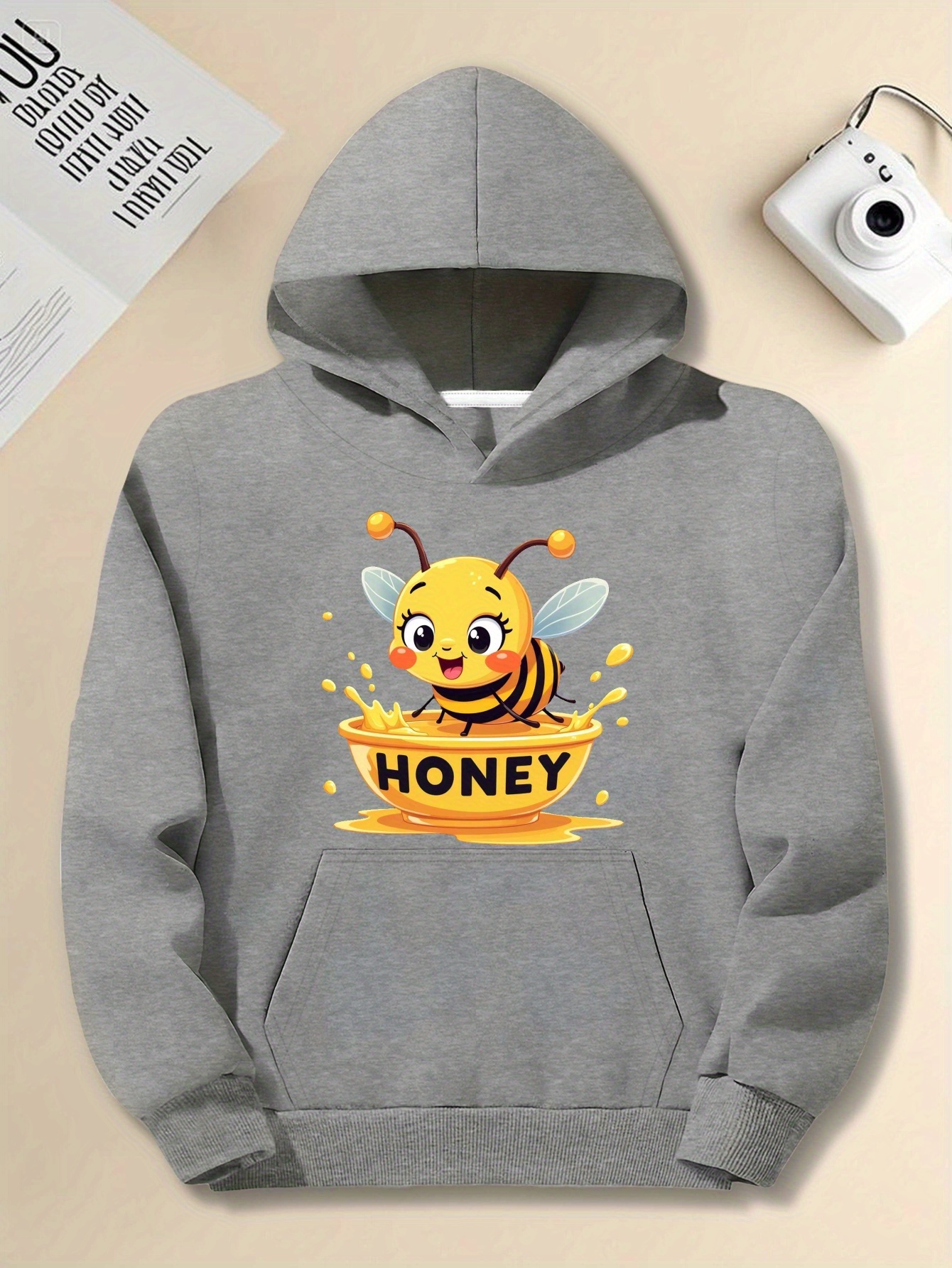 Plus Size Men's Cartoon Bee & Honey Graphic Hooded Sweatshirt - Vibrant Red Relaxed Fit Casual Pullover, Machine Washable JPH-9, Comfort Clothing, Nonstretch Fabric, PLUS SIZE