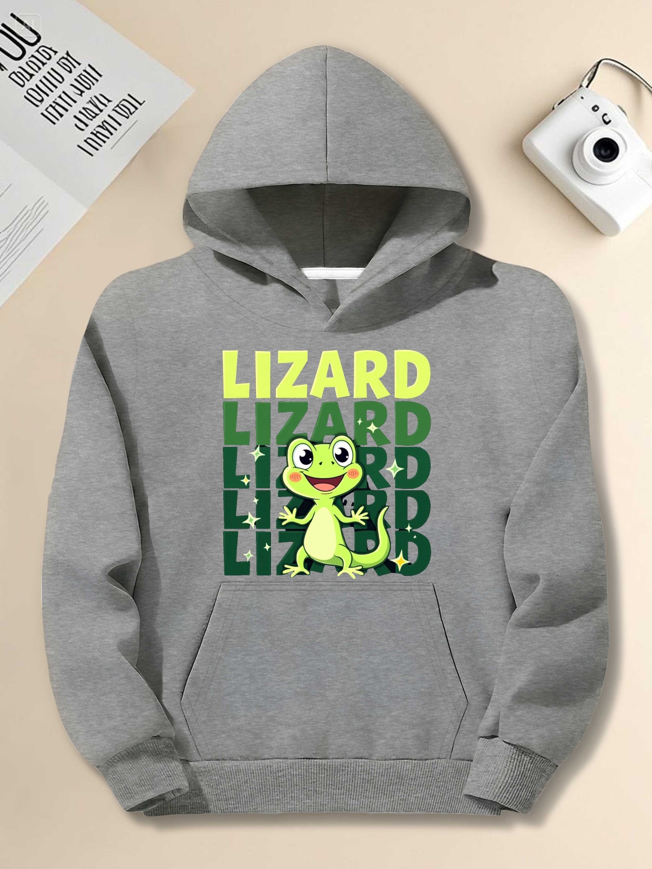 Men's Plus Size Hoodie - Black Pullover with Neon Green Lizard Graphic| Loose Fit Streetwear Sweatshirt, Non-Stretch Fabric, Casual & Themed Event Pullover, Machine Washable