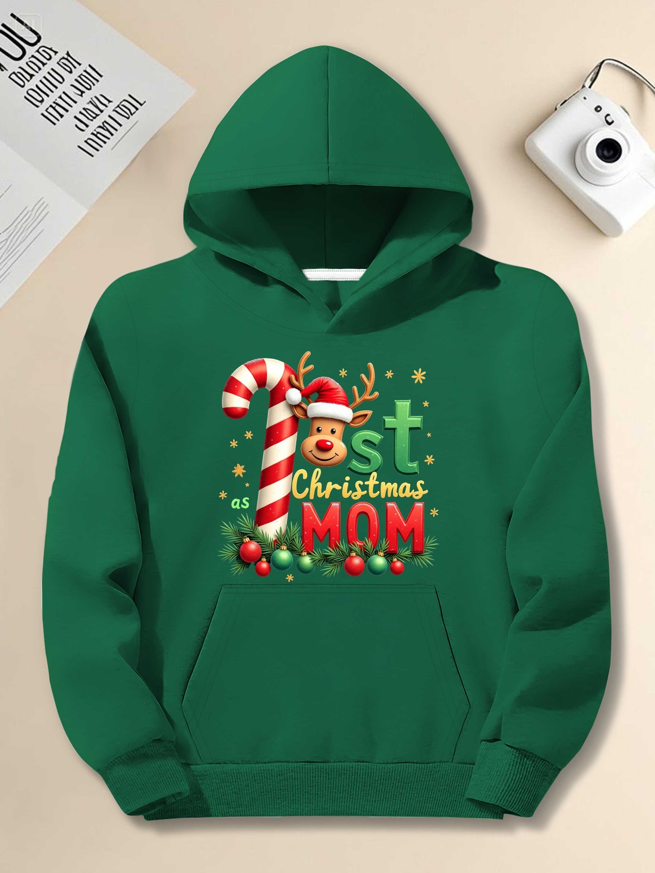 Men's First Christmas as Dad/Mom Hooded Sweatshirt - Plus Size Loose Fit Maternity-Friendly Pregnancy Announcement Sweater with Footprints & Reindeer Print, Machine Washable Holiday Gift for New Parents, PLUS SIZE