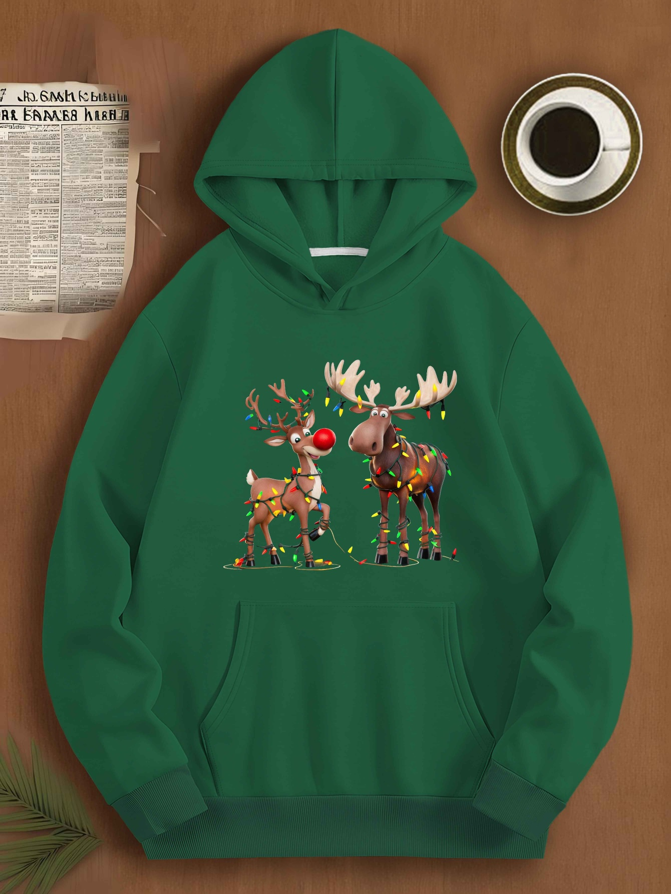 1pc Plus Size Men's Casual Polyester Hoodie with Reindeer and Moose Christmas Lights Print, Knitted Pullover with Hood, Loose Fit Fashion Sweatshirt