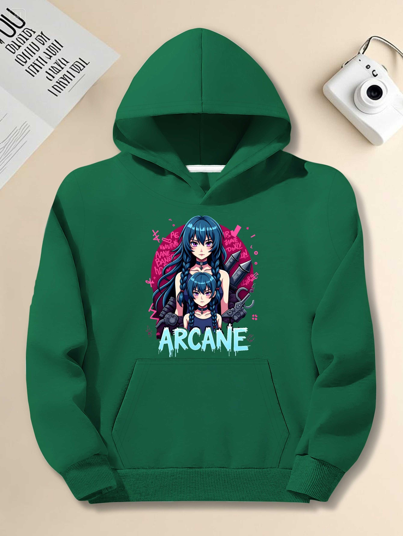 Plus Size Men's Hooded Sweatshirt - Casual Loose Fit with Vibrant Arcane Anime Character Print, Long Sleeve, Non-Stretch Fabric, Gray with Pink & Blue Design, PLUS SIZE