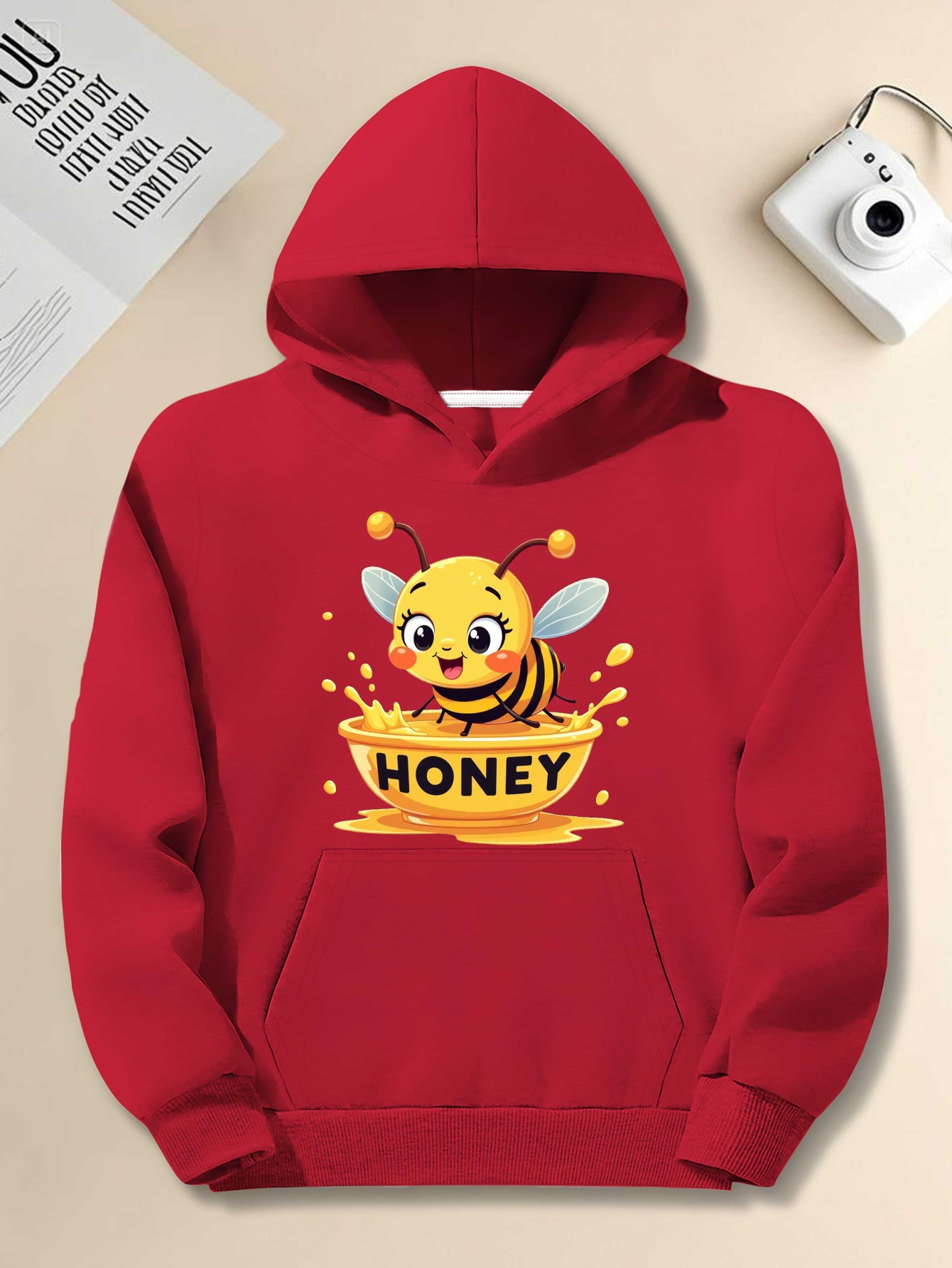 Plus Size Men's Cartoon Bee & Honey Graphic Hooded Sweatshirt - Vibrant Red Relaxed Fit Casual Pullover, Machine Washable JPH-9, Comfort Clothing, Nonstretch Fabric, PLUS SIZE