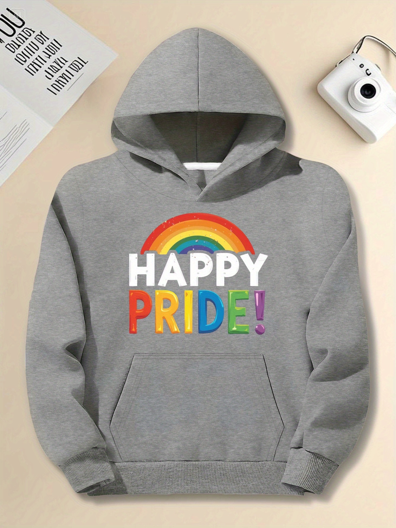 Men's Plus Size 'Happy Pride' Rainbow Hoodie - Casual Loose Fit, Long Sleeve, Non-Stretch Fabric, Casual Wear Hoodie | Hooded Sweatshirt | Non-Stretch Material, PLUS SIZE