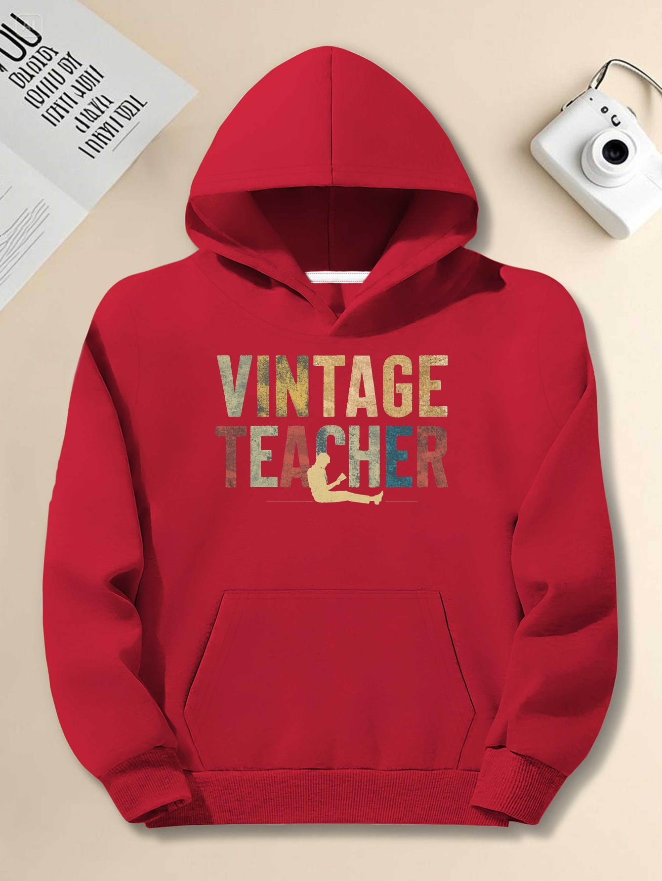 Men's Plus Size 'Vintage Teacher' Graphic Hoodie - Red Casual Pullover with Colorful Letter Print, Loose Fit, Long Sleeves, Polyester Blend, Machine Washable, PLUS SIZE