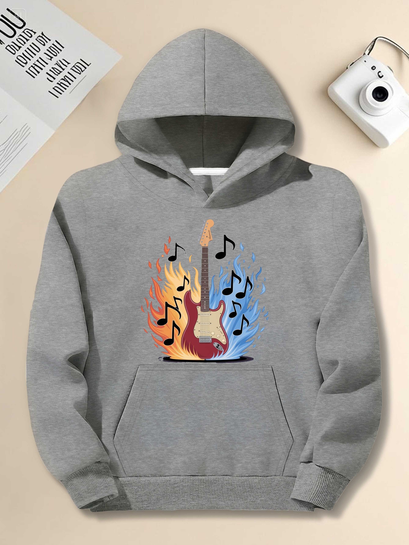 Men's Plus Size Music Graphic Hoodie - Black Pullover with Electric Guitar & Hands Print |   Oversized Loose Fit Long Sleeve Sweatshirt, Casual Streetwear, Machine Washable, Gift for Guitar Lovers