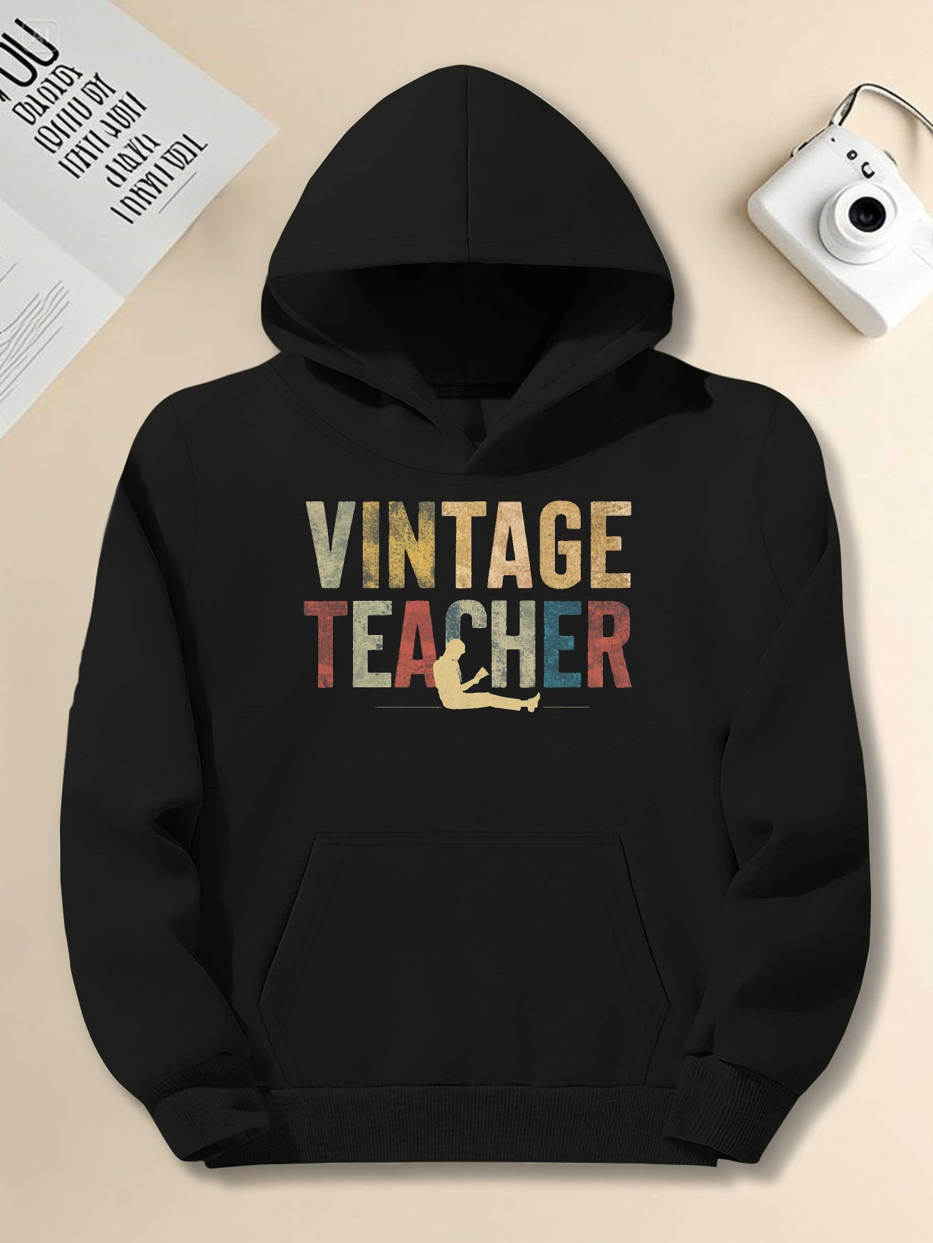 Men's Plus Size 'Vintage Teacher' Graphic Hoodie - Red Casual Pullover with Colorful Letter Print, Loose Fit, Long Sleeves, Polyester Blend, Machine Washable, PLUS SIZE