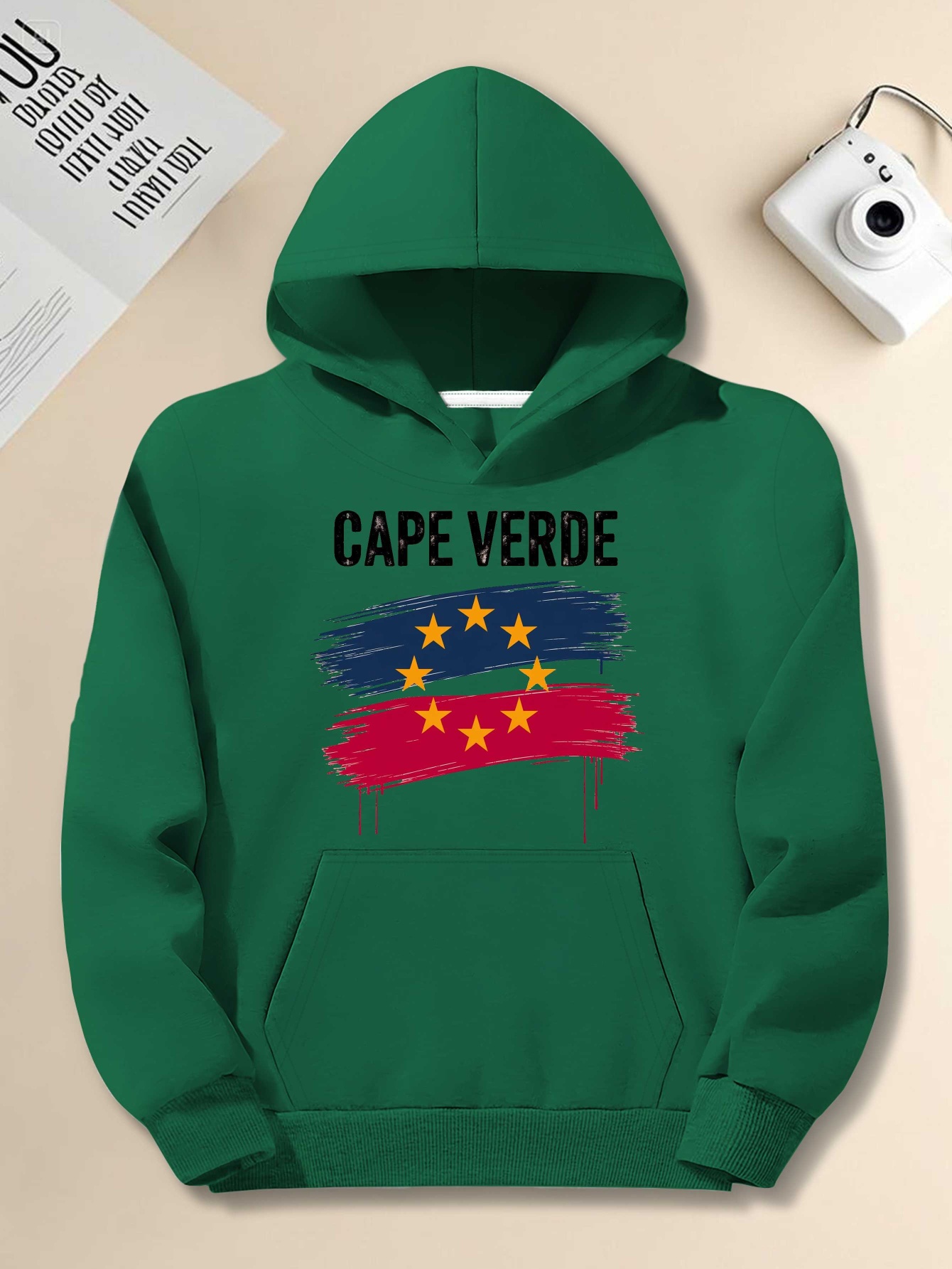 Men's Cape Verde Flag Hooded Sweatshirt - JPH-9 Plus Size Loose Fit Casual Pullover with Cape Verde Flag Colors (Red, Yellow, Green) - Hooded Sweater for