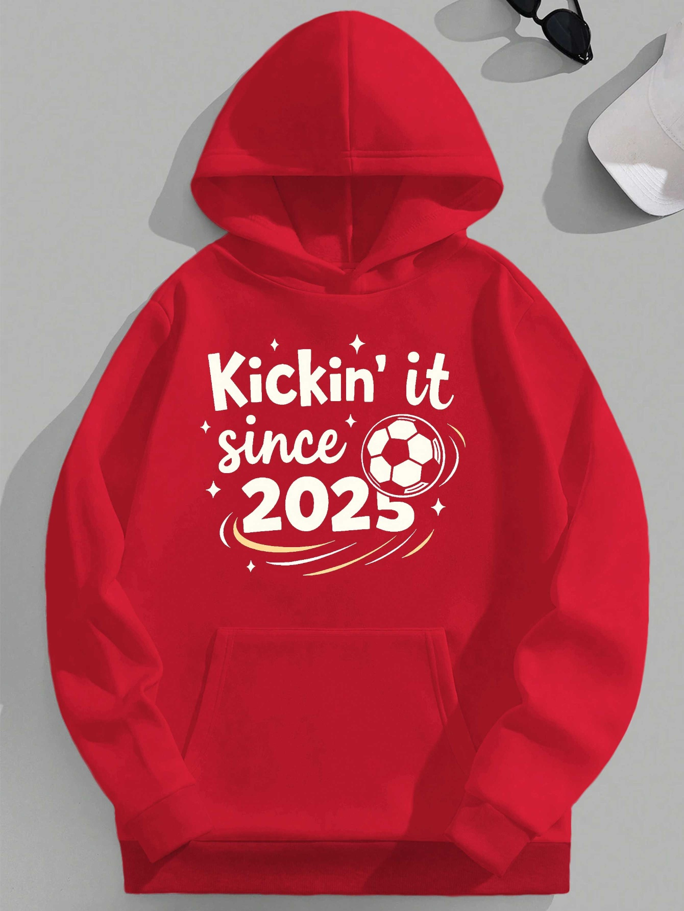 Men's Plus Size Green Hoodie with 'Kickin' It Since 2025' Soccer Ball Print - Casual Loose Fit, Long Sleeve, Non-Stretch Fabric, PLUS SIZE