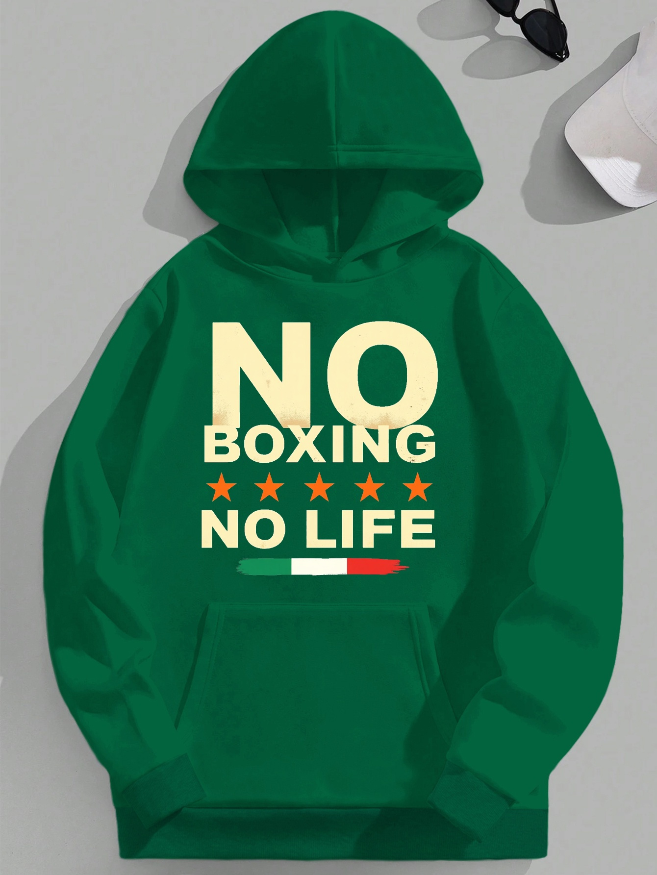 NO BOXING NO LIFE JPH-9 Plus Size Men's Hooded Sweatshirt - Vibrant Red Boxing Graphic Print with Italian Flag Design, Relaxed Fit Casual Pullover, Machine Washable, Sporty Pullover, Motivational Apparel, Durable Fabric, Smooth Texture, PLUS SIZE