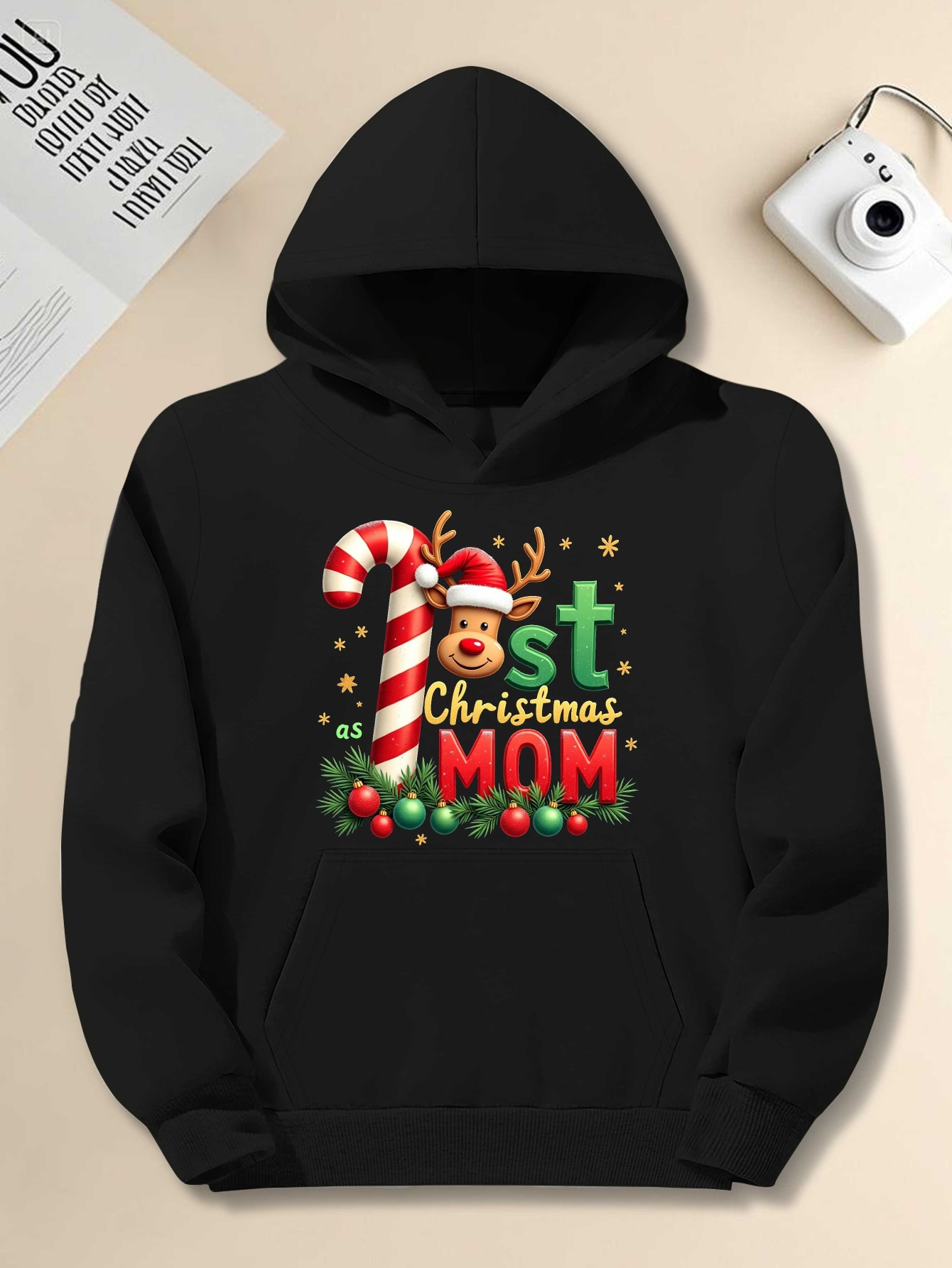 Men's First Christmas as Dad/Mom Hooded Sweatshirt - Plus Size Loose Fit Maternity-Friendly Pregnancy Announcement Sweater with Footprints & Reindeer Print, Machine Washable Holiday Gift for New Parents, PLUS SIZE