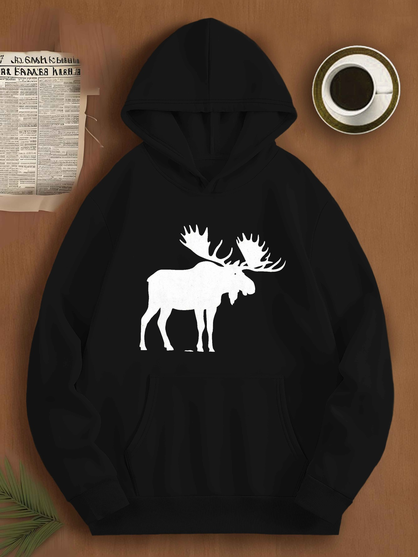 1pc Majestic Moose Silhouette Print Plus Size Men's Casual Polyester Hooded Sweatshirt, Loose Fit Pullover with Hood, Knitted Fabric