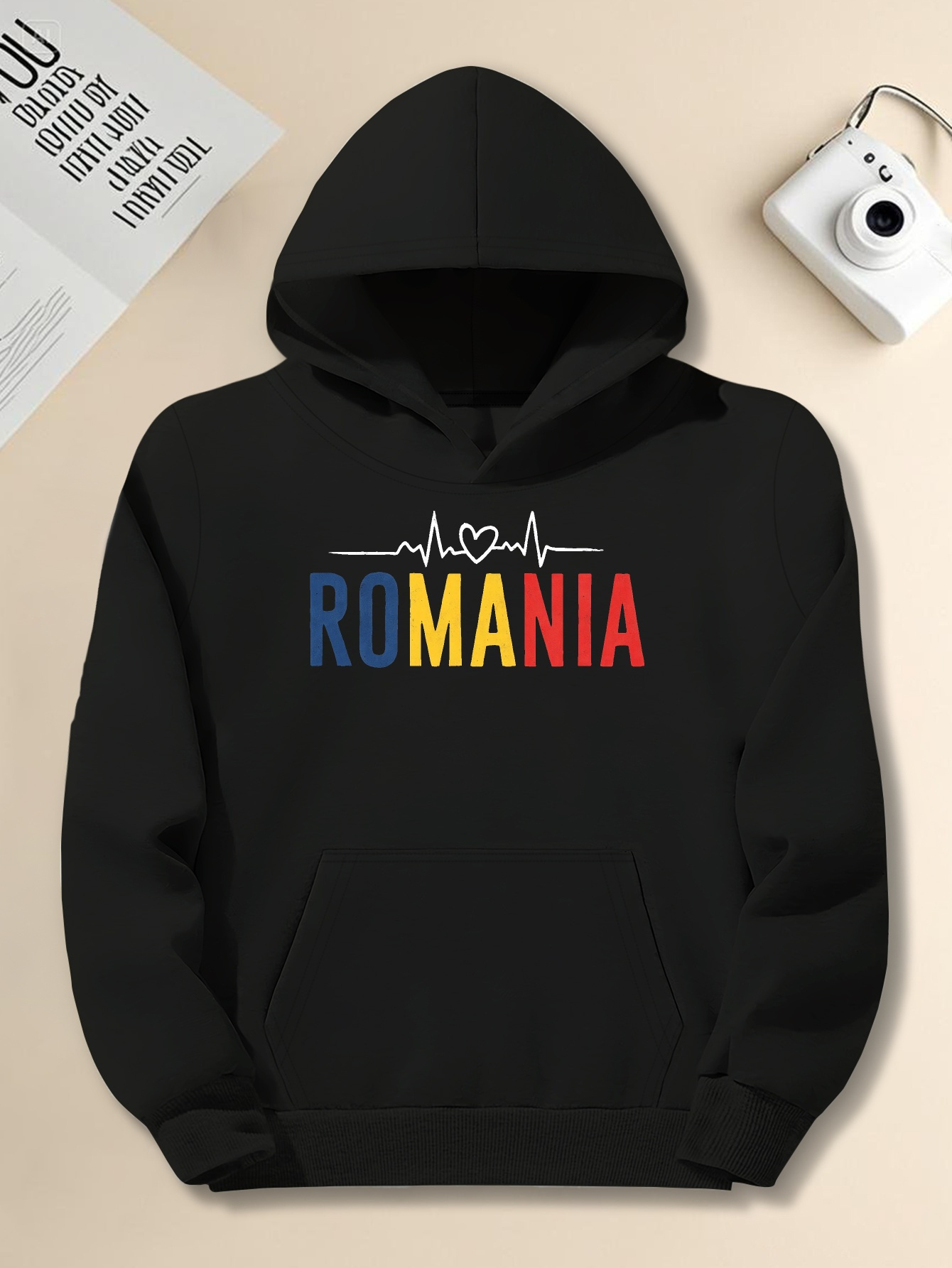 Men's Plus Size 'Heartbeat Romania' Hoodie - Casual Gray Pullover with Colorful Heartbeat Graphic, Loose Fit, Long Sleeves, Casual Wear Hoodie | Hooded Sweatshirt | Comfortable Fit, Plus Size