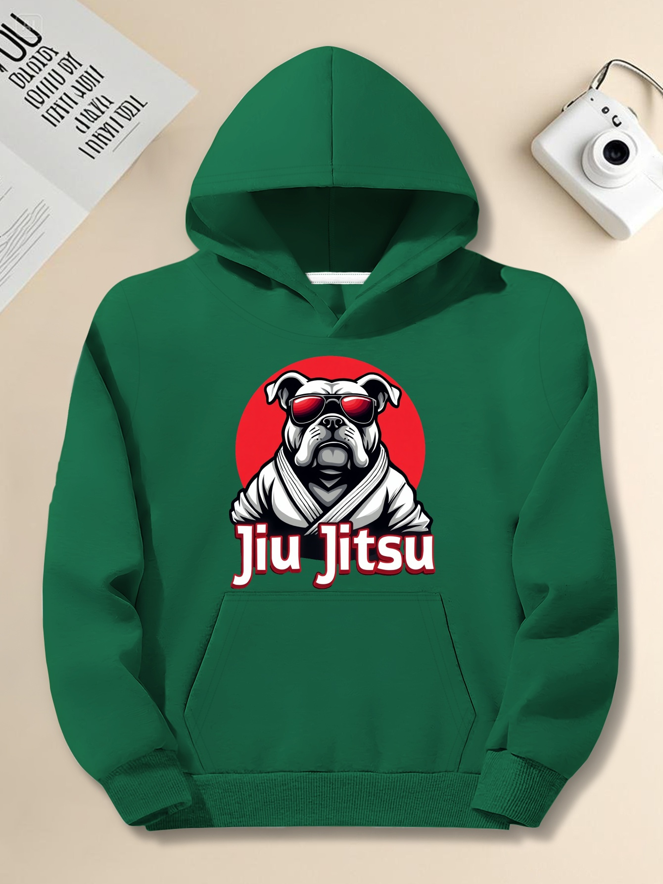 Men's Plus Size Black Hoodie with Bulldog Martial Arts Graphic - 