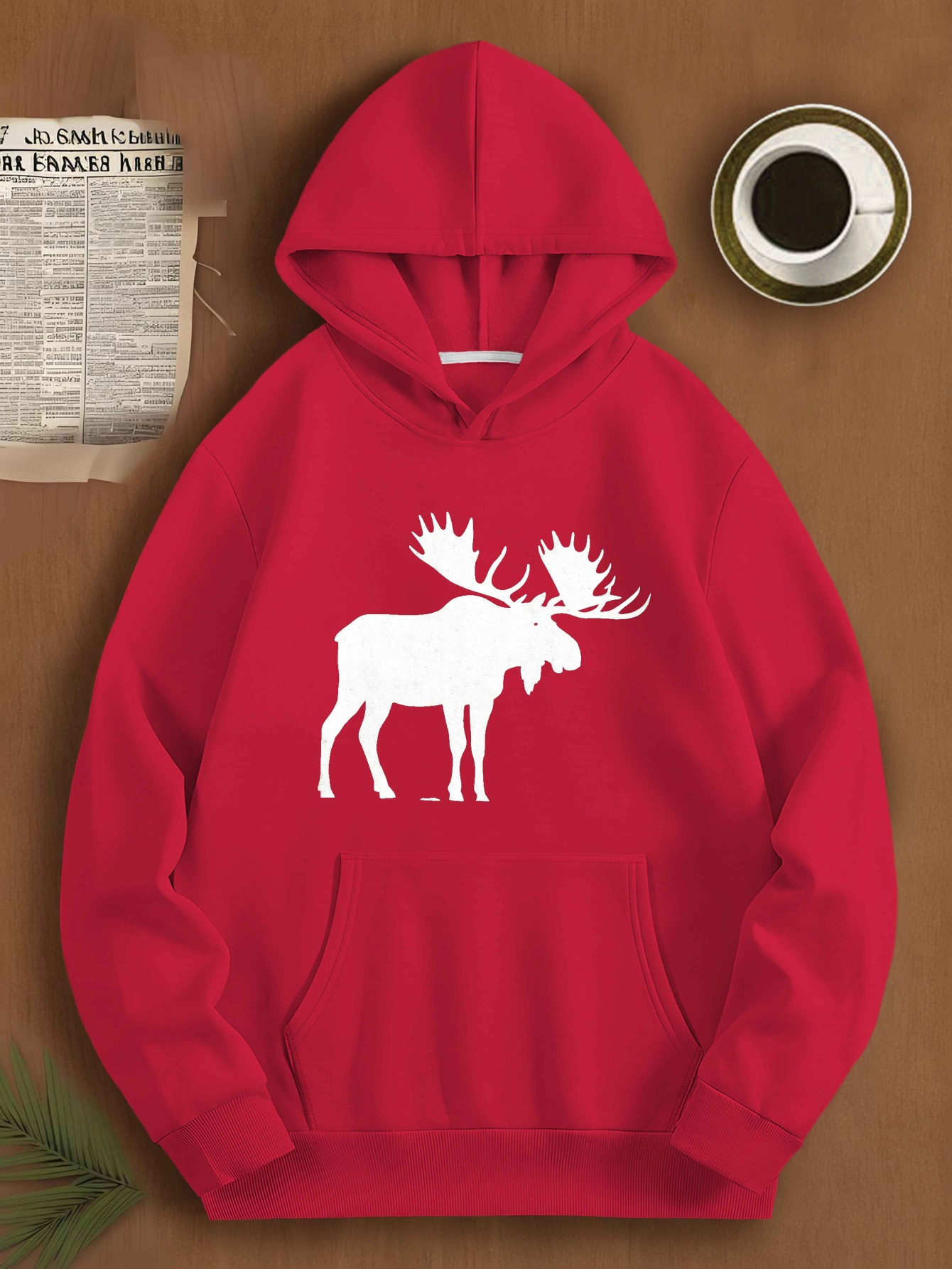 1pc Majestic Moose Silhouette Print Plus Size Men's Casual Polyester Hooded Sweatshirt, Loose Fit Pullover with Hood, Knitted Fabric