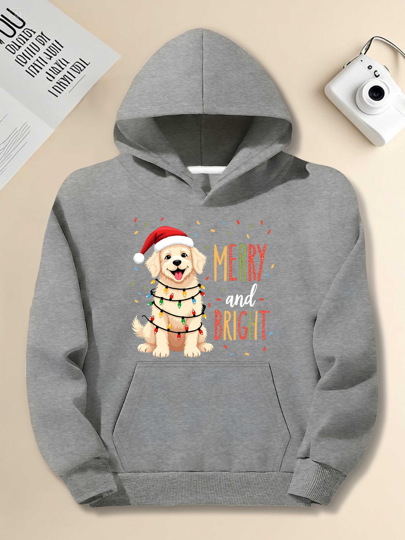 Men's Plus Size Christmas Hoodie - Merry & Bright Golden Retriever Pullover with Jingle Collar, Relaxed Fit Long Sleeve Casual Sweater, Holiday Party & Everyday Wear, Machine Washable