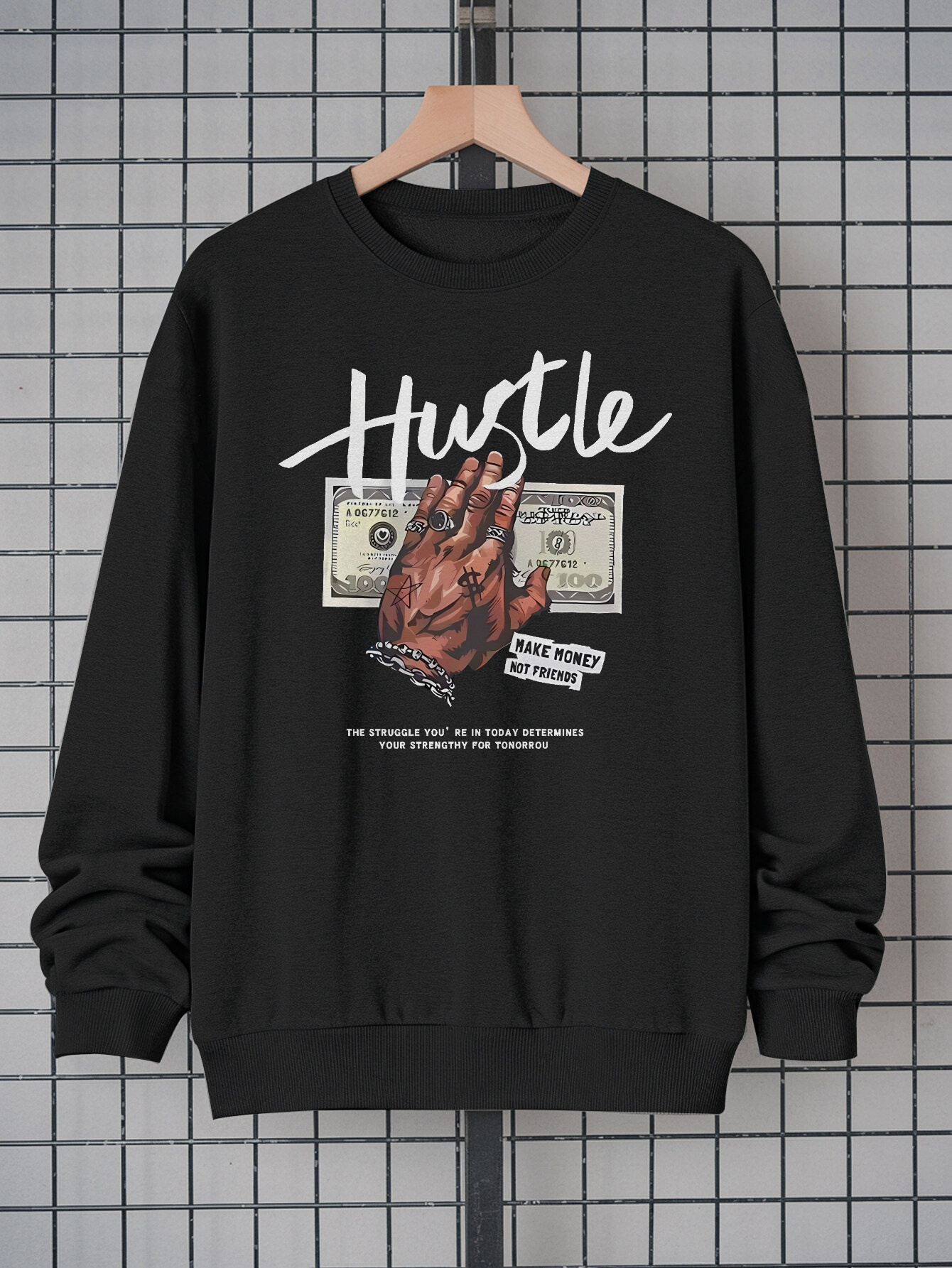 Men's Black Sweatshirt with 'HUSTLE' Text & Dollar Graphic - Casual Streetwear Crew Neck Pullover |   100% Polyester Soft Long Sleeve Top, Comfortable & Machine Washable for Everyday Wear