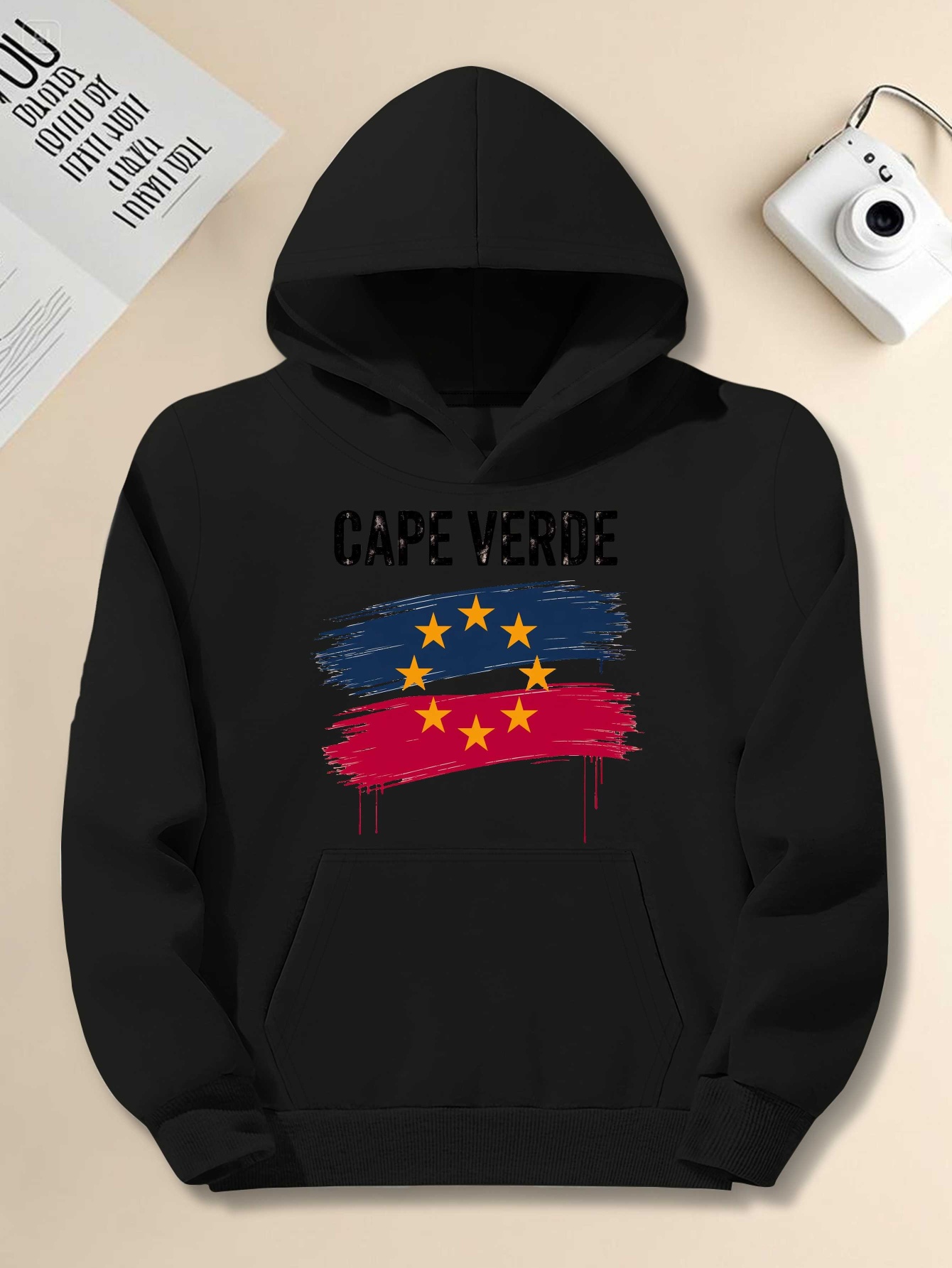 Men's Cape Verde Flag Hooded Sweatshirt - JPH-9 Plus Size Loose Fit Casual Pullover with Cape Verde Flag Colors (Red, Yellow, Green) - Hooded Sweater for