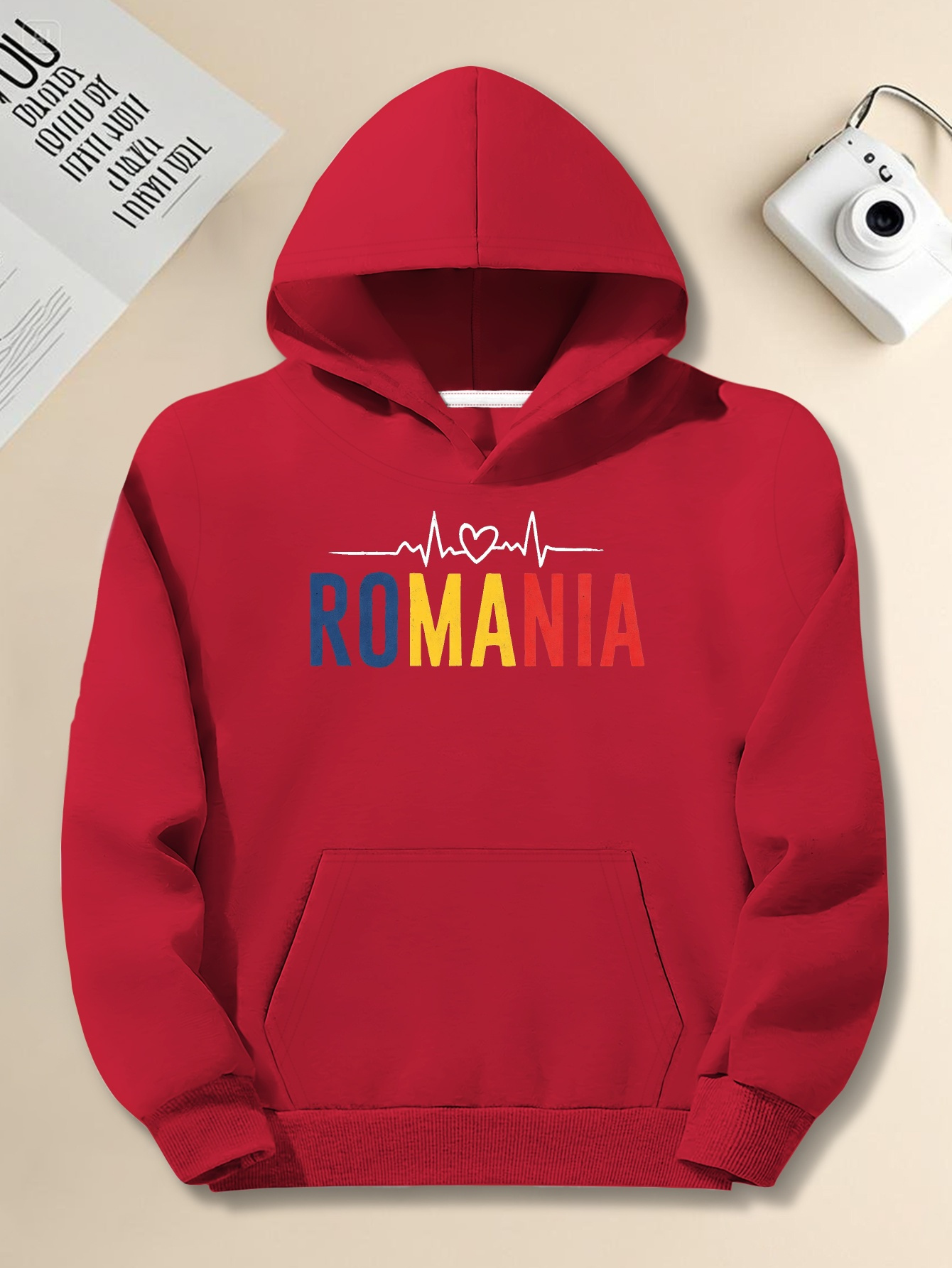 Men's Plus Size 'Heartbeat Romania' Hoodie - Casual Gray Pullover with Colorful Heartbeat Graphic, Loose Fit, Long Sleeves, Casual Wear Hoodie | Hooded Sweatshirt | Comfortable Fit, Plus Size
